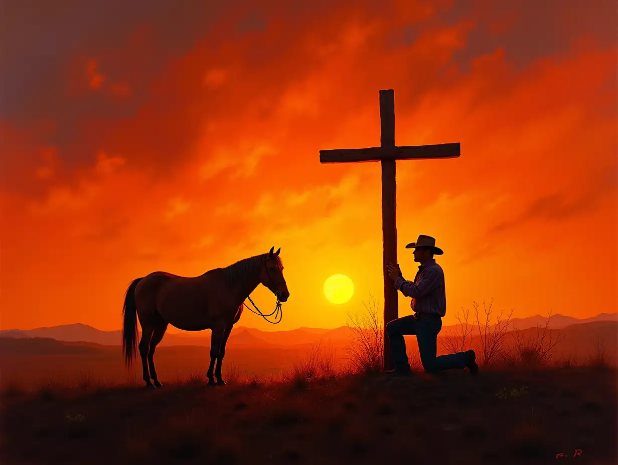 A cowboy kneeling beside a cross under a vivid orange and yellow sunset, with a horse standing calmly next to him, evoking themes of faith and solitude in a serene, western landscape. oil, black and neon