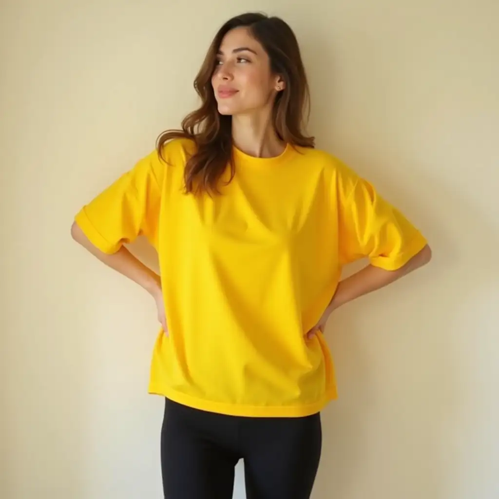 Woman-Wearing-Oversized-Yellow-TShirt-and-Black-Leggings