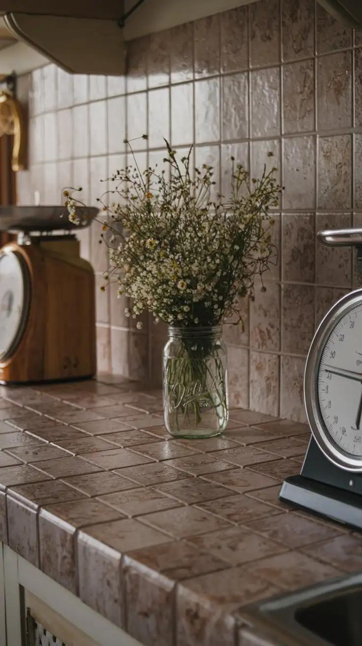 Close-up, slightly angled shot of a kitchen countertop covered in peel and stick vinyl tiles that mimic granite.  A cozy, cottage-style kitchen.  A mason jar with wildflowers and a vintage scale are on the counter.  Soft, warm lighting, textured tile effect, charming and rustic.