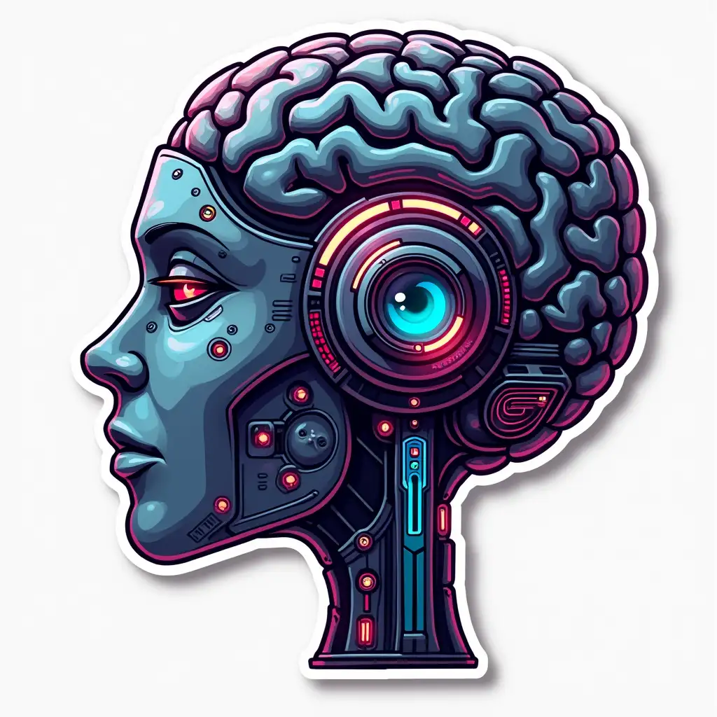 A sticker design of a futuristic robotic brain with glowing circuits, vibrant colors, sleek metallic finish, intricate details, and a modern, minimalist aesthetic sticker cartoon style