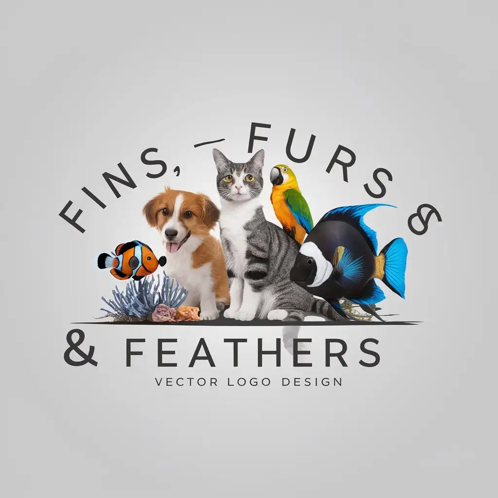 LOGO Design for Fins Furs Feathers Vector Logo with Cat Dog Fish and Parrot for the Animal and Pet Industry