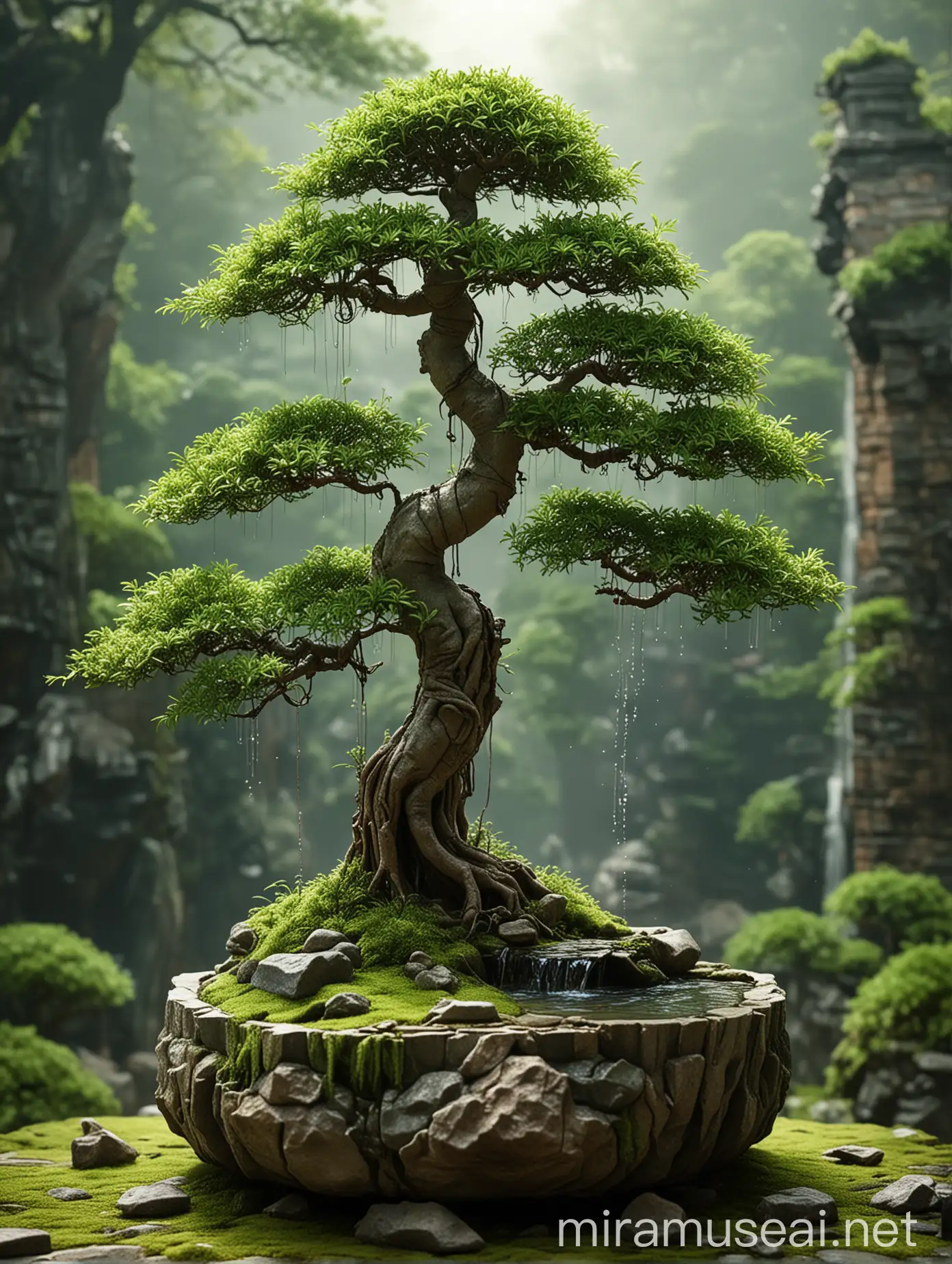 Chinese Bonsai Tree with Ancient Buildings and Mossy Rockeries