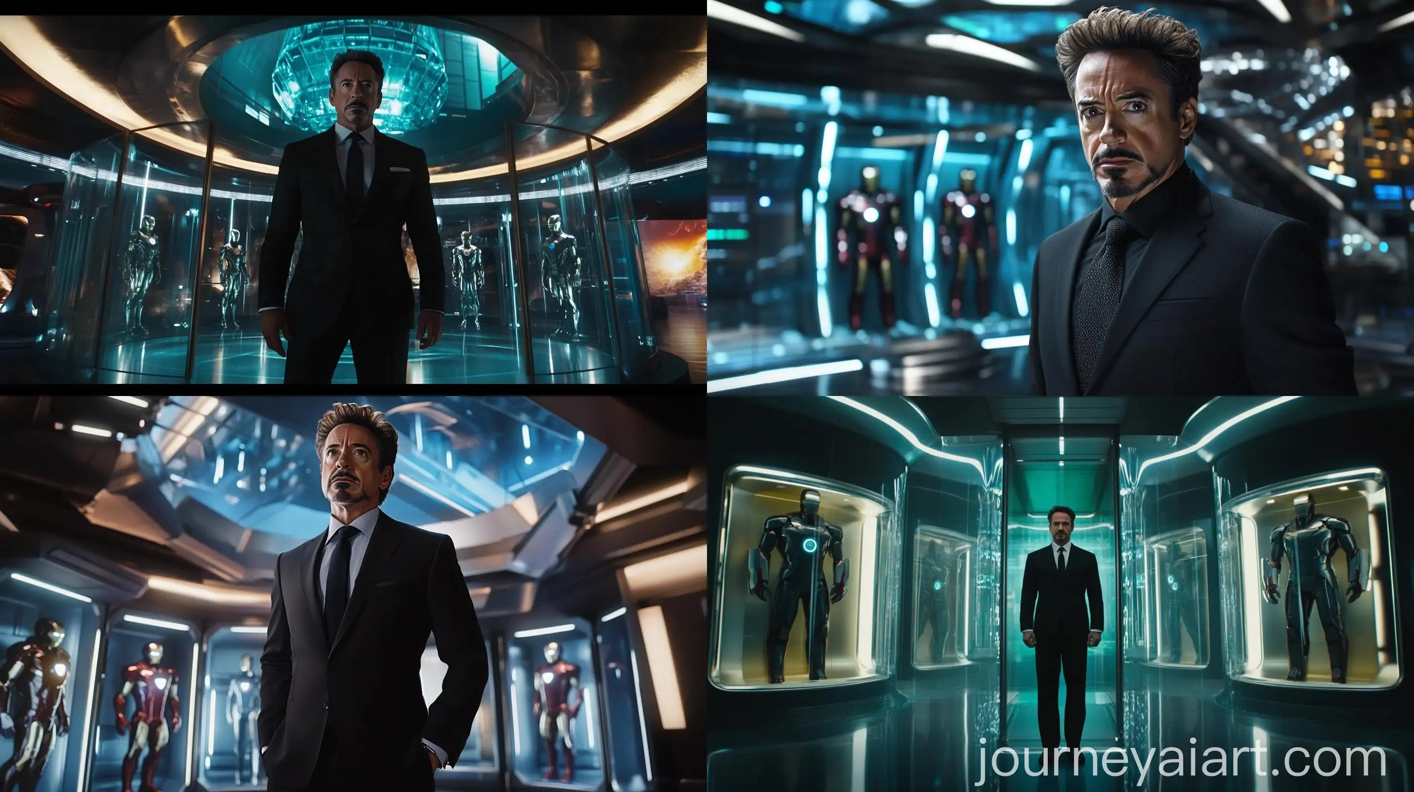 Tony-Stark-in-Black-Premium-Suit-Displaying-Iron-Man-Suits-in-Luxurious-Futuristic-Building