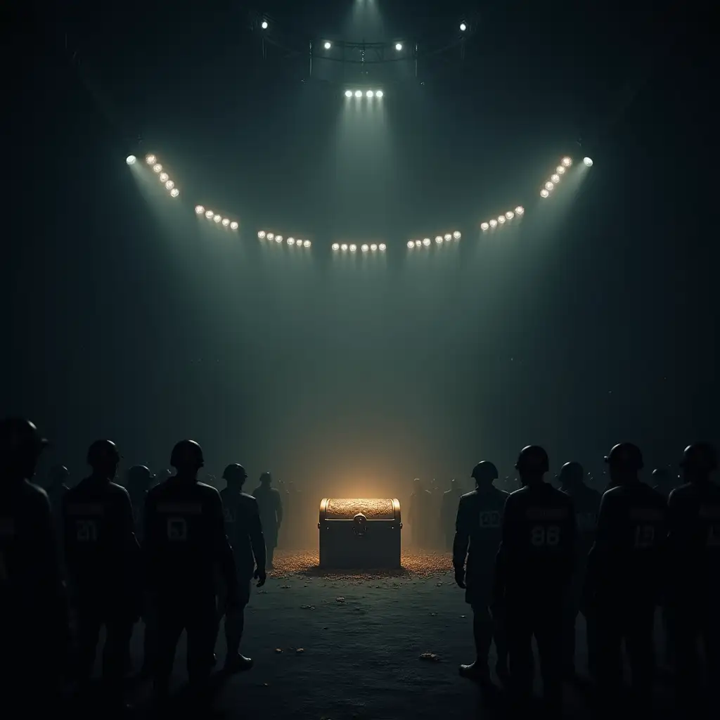 A dark, intense scene of a large arena with shadowy lighting, depicting a high-stakes survival game. The atmosphere should feel tense and dangerous, with faint outlines of players wearing numbered uniforms and masked guards standing ominously. The focus should be on a glowing treasure chest symbolizing millions of dollars in the distance.