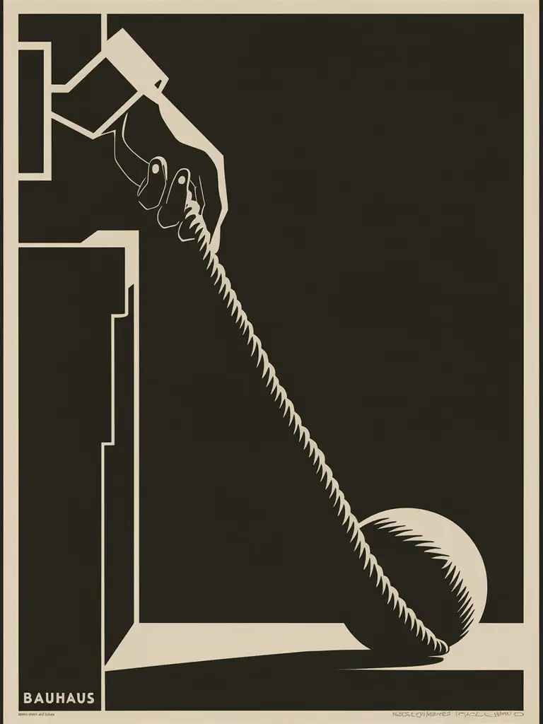 Pulling a rope tied to a cannonball by hand, masterpiece, best quality, 1 cannonball, 1 rope; 1 hand; poster, anti-war, Bauhaus, shape, line, abstract