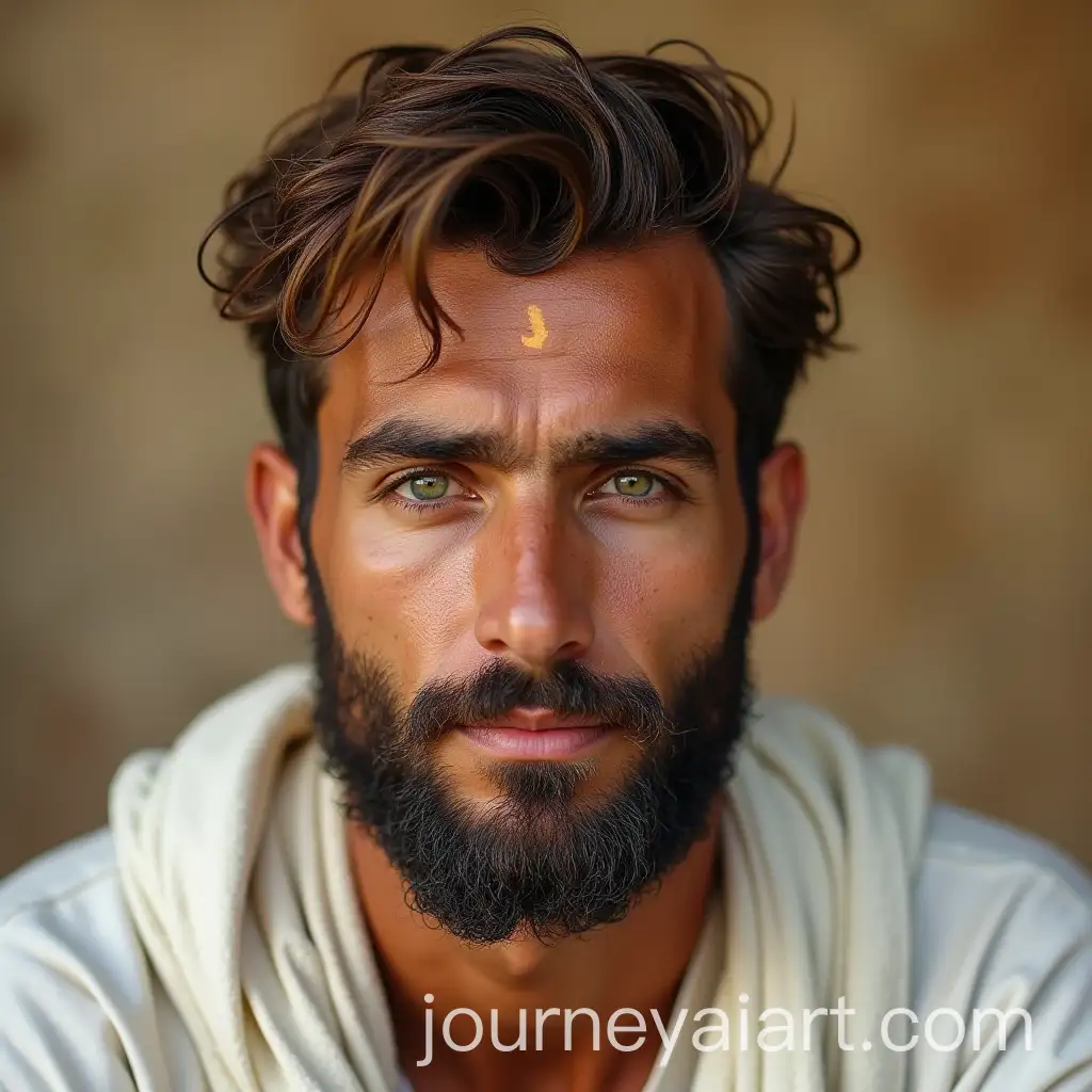 Palestinian-Man-with-Olive-Skin-and-Glittering-Green-Eyes-in-White-Tunic