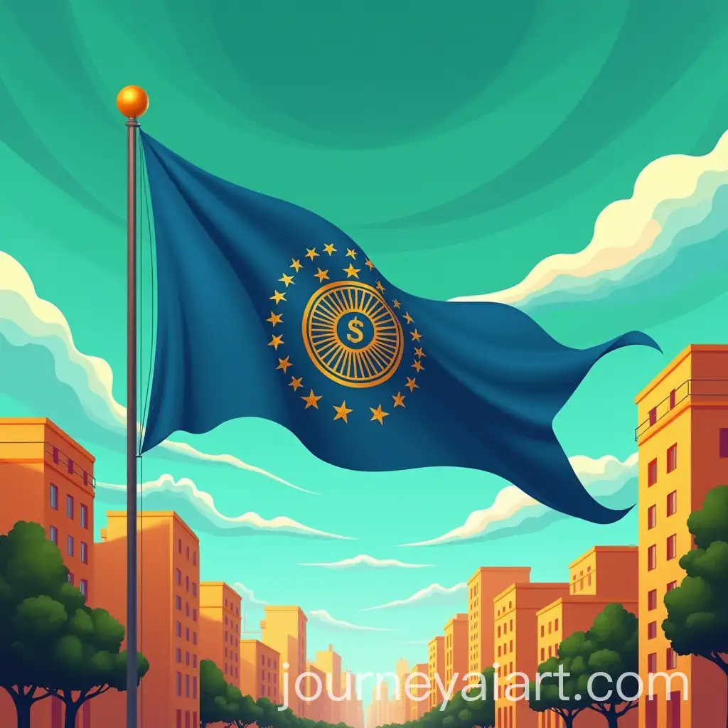Large-Blue-Flag-with-Golden-Emblem-in-Front-of-Stylized-Buildings-and-Trees