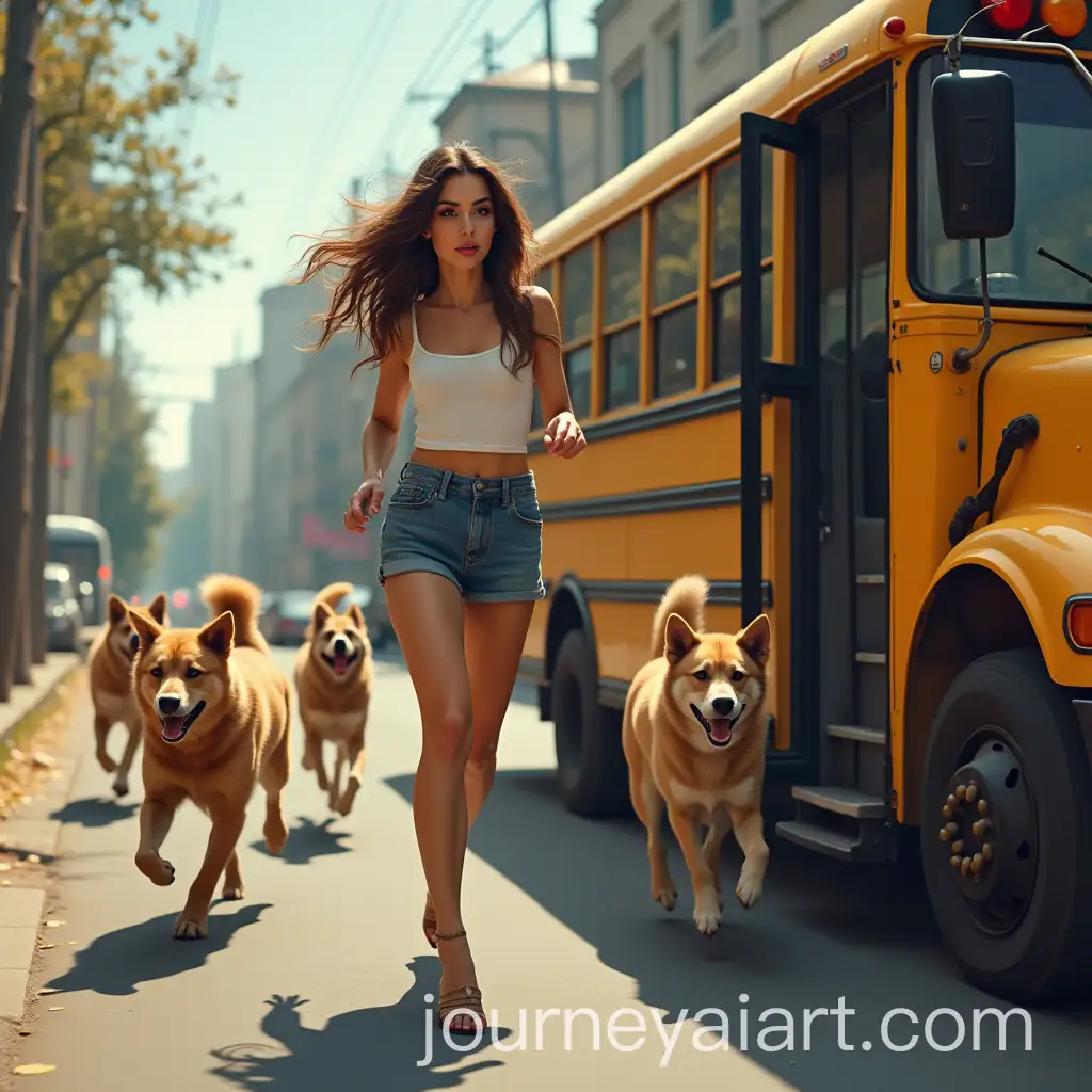 Brunette-Girl-Running-to-Bus-While-Being-Chased-by-Four-Dogs