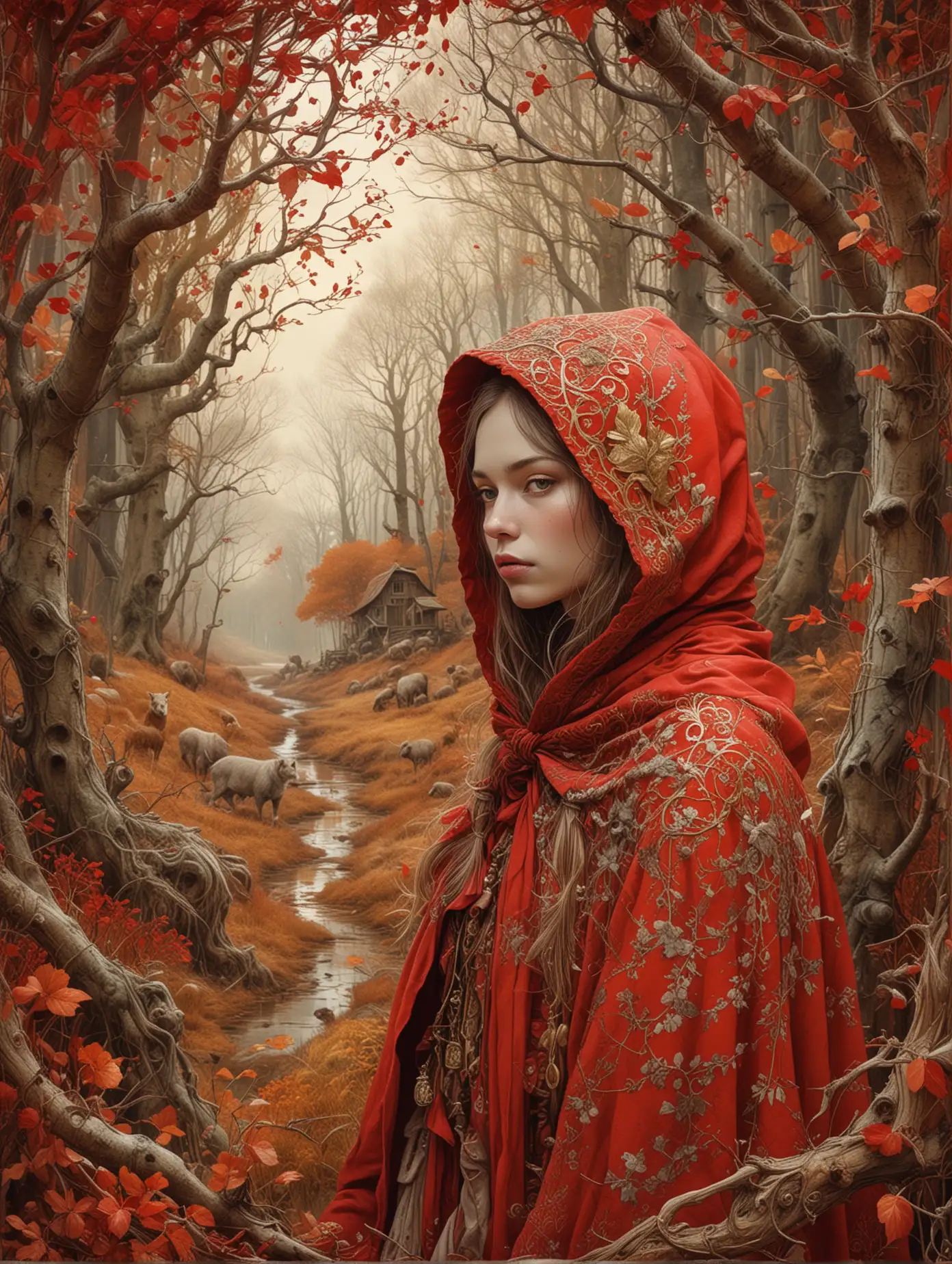 Red-Riding-Hood-Fantasy-Illustration-with-Autumn-and-Gold-Filigree-Details