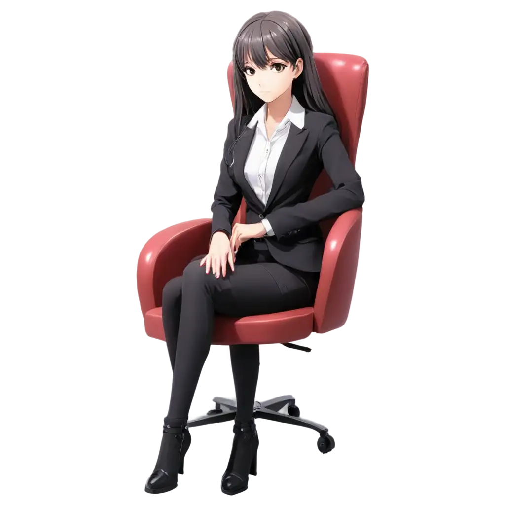 a cool anime ceo girl sitting in the chair sadly