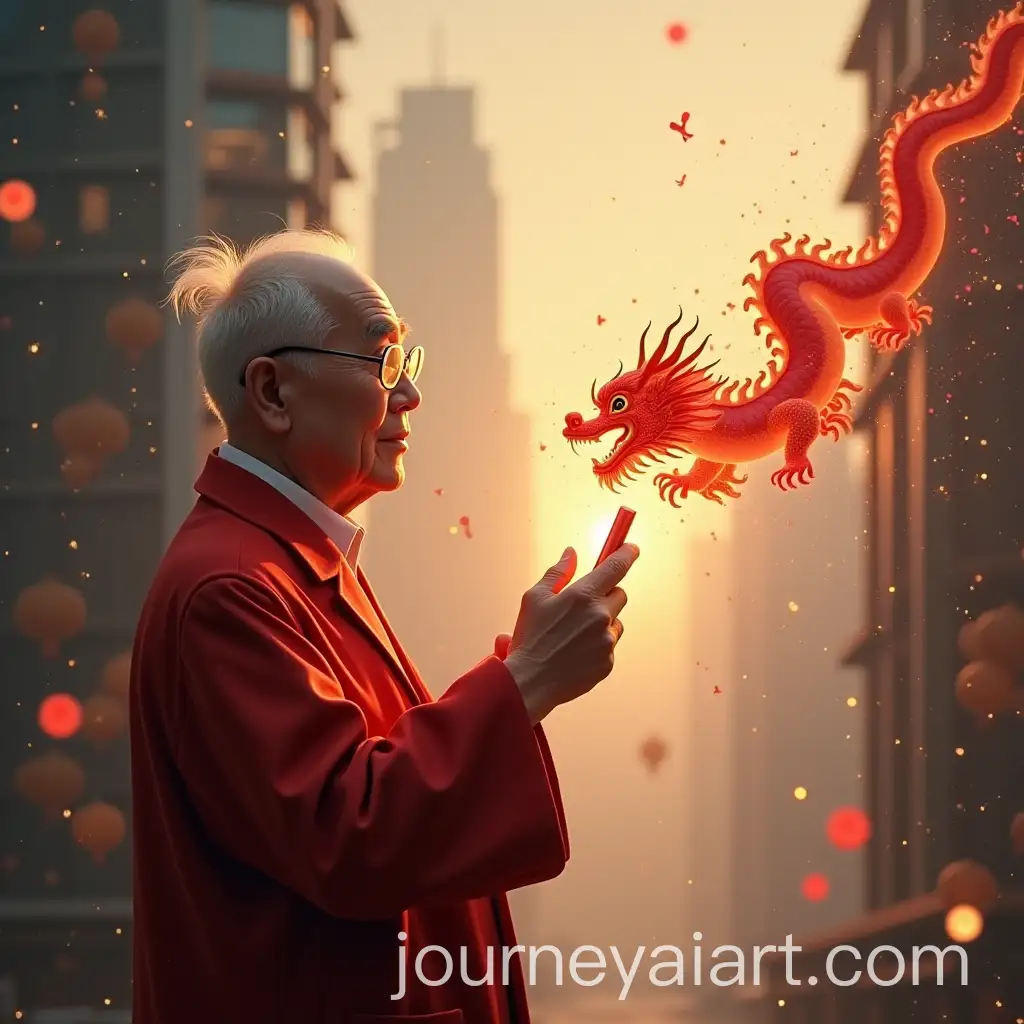 Grandfather-Holding-Phone-with-Dragon-Light-Beam-in-Front-of-Modern-China-Skyscraper-for-Chinese-New-Year-Greeting