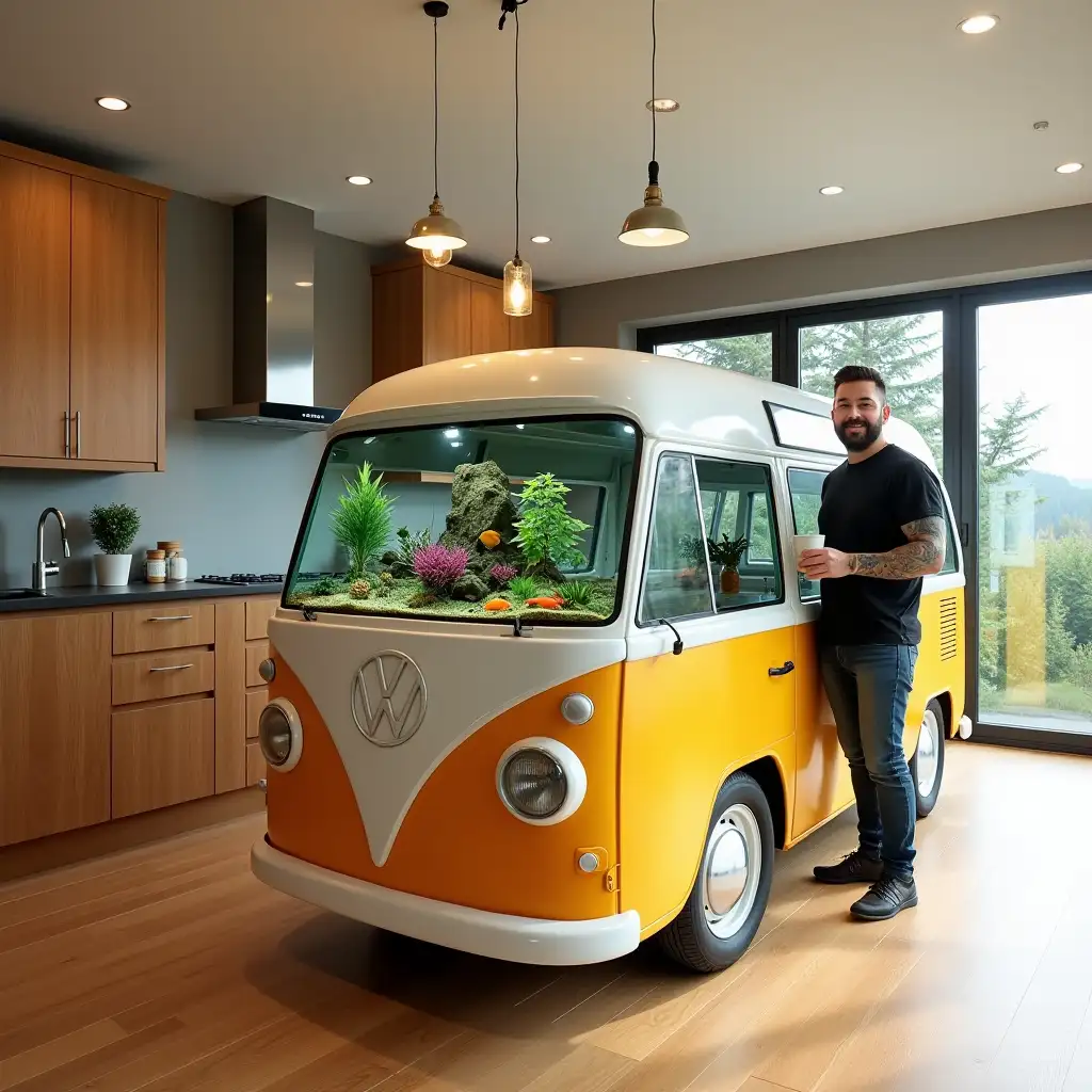 Modern-Kitchen-with-VW-Camper-Island-and-Fish-Tank-in-Stylish-Setting