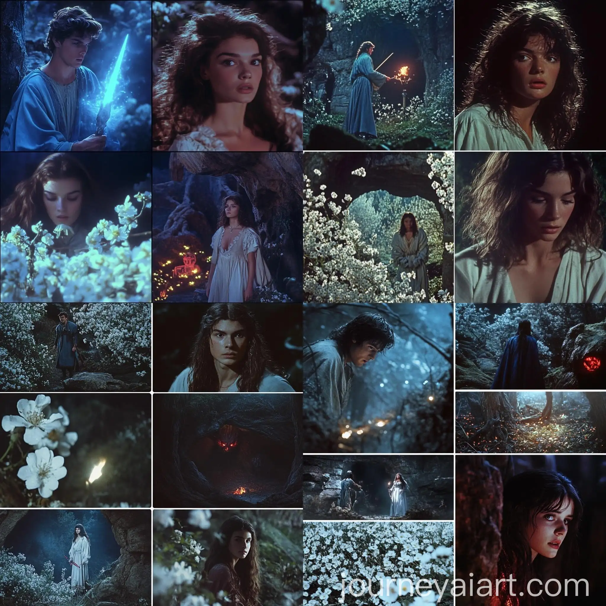 80s-Dark-Fantasy-Movie-Stills-Glowing-Sword-Princess-in-Flowers-Blue-Robed-Wizard