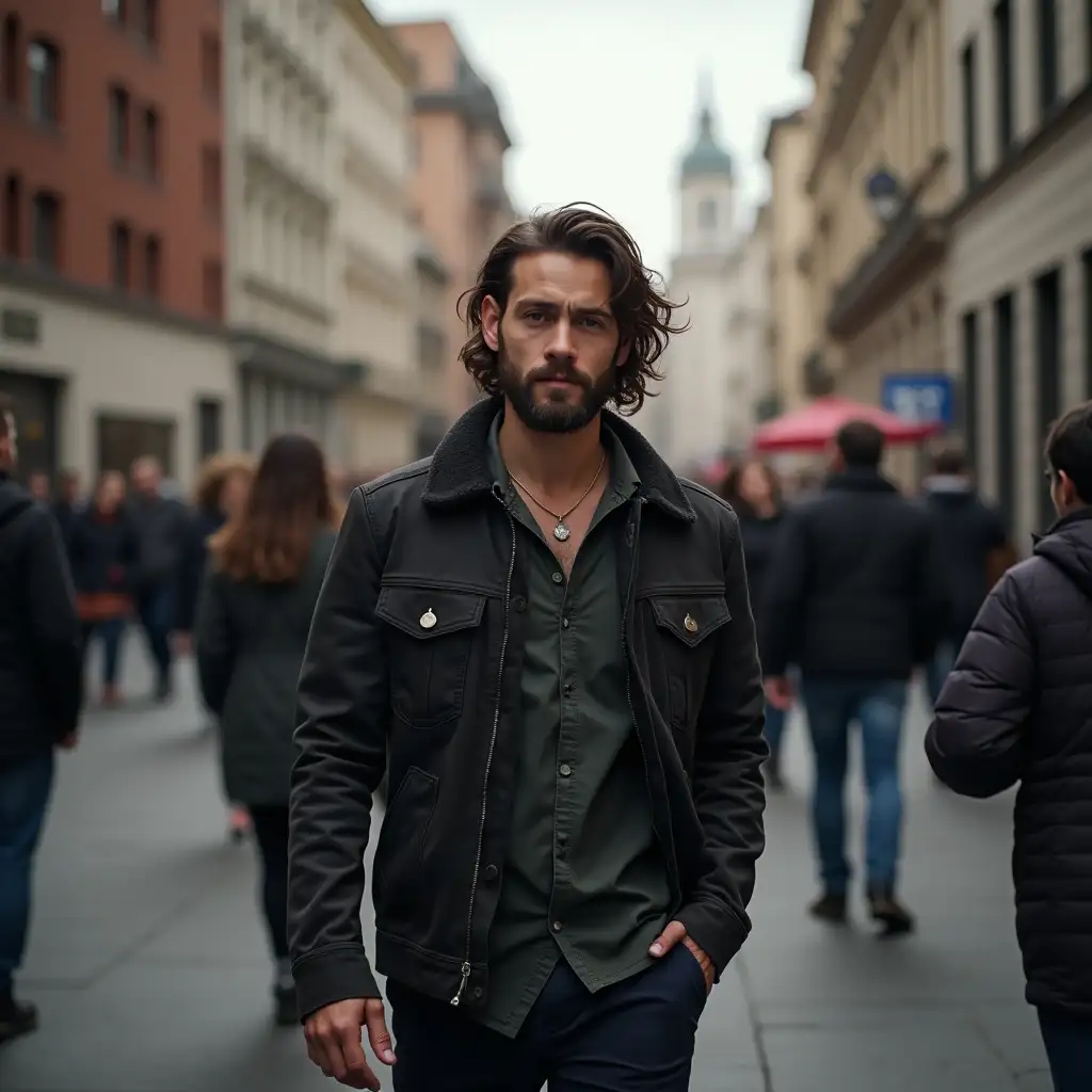 young strong man with short beard and long hair walking in the city