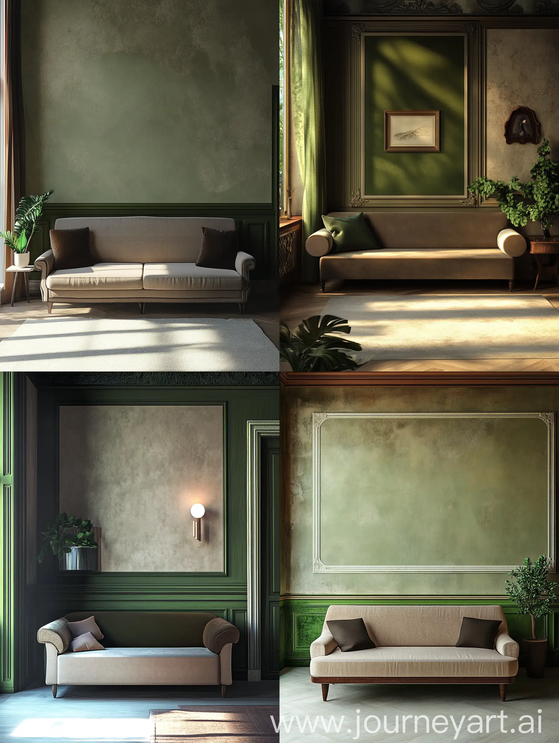 Modern-Living-Room-Interior-with-Green-Couch-and-Wall-Trim