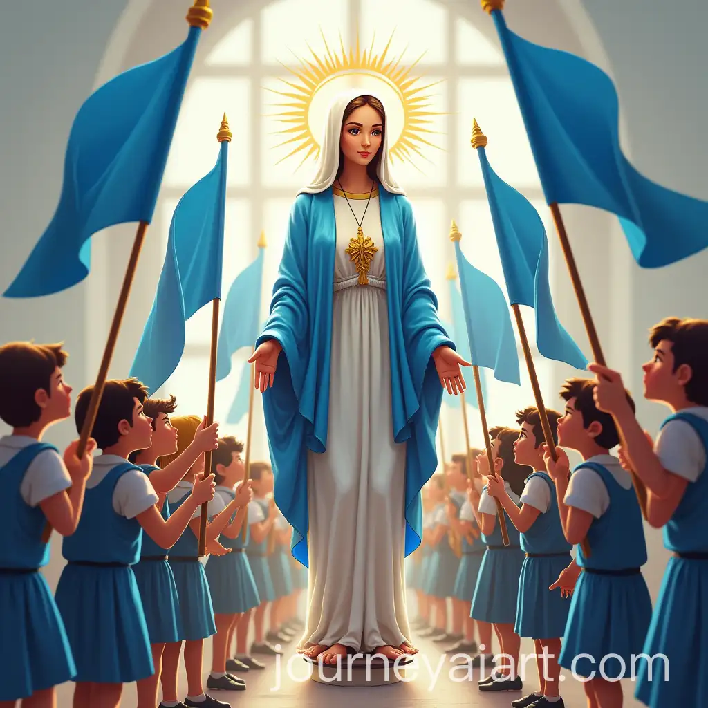 Virgins-Visit-to-a-Boys-Catholic-School-with-Students-and-Families-Celebrating-with-Blue-and-White-Flags