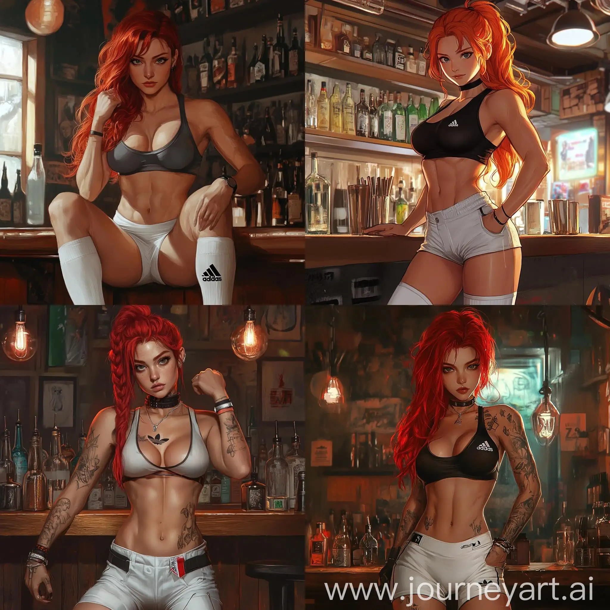 Muscular-Female-Bouncer-with-Red-Hair-in-Adidas-Top-and-White-Over-Knee-Socks