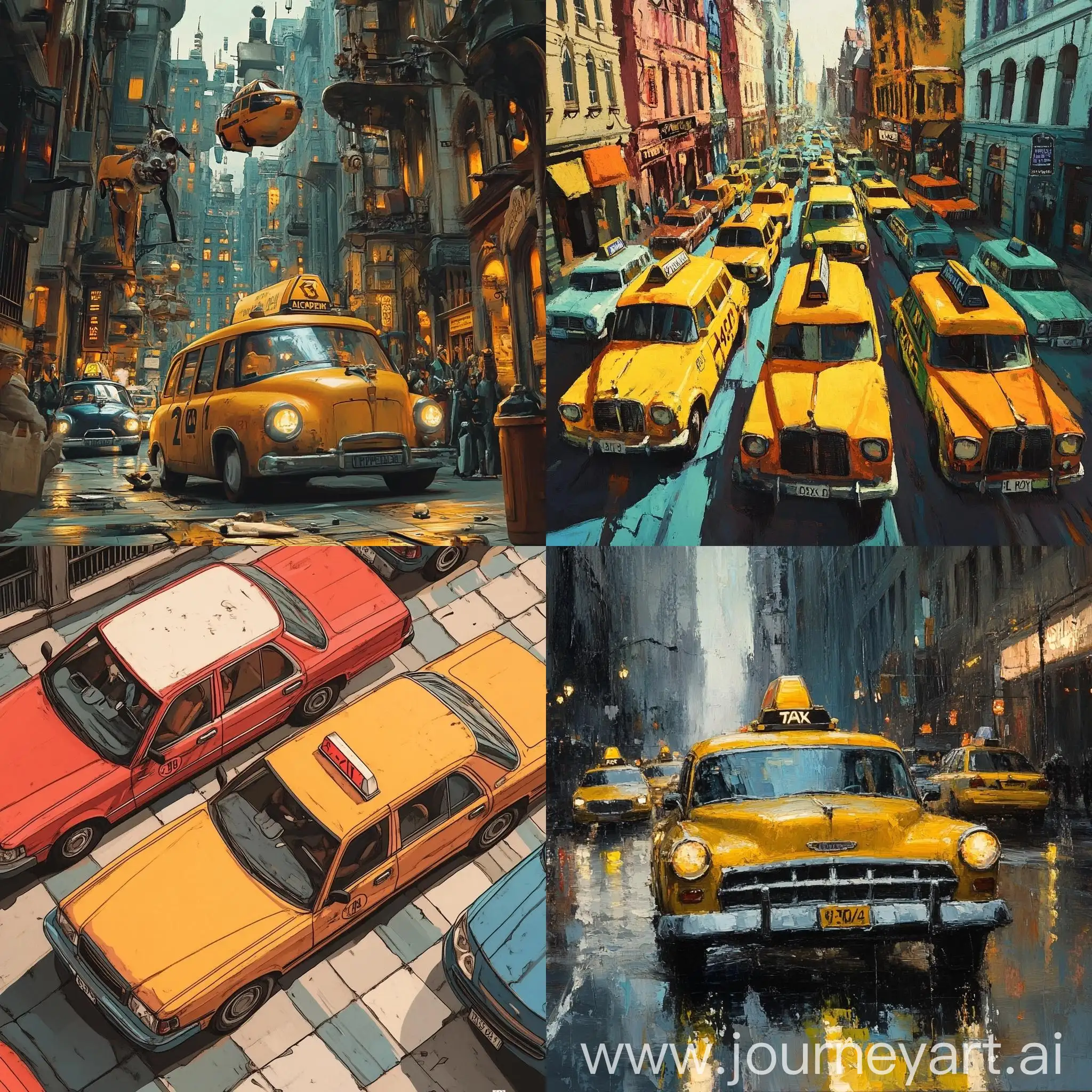 Taxi-Auction-Busy-City-Scene-with-Colorful-Taxis-and-Bidders