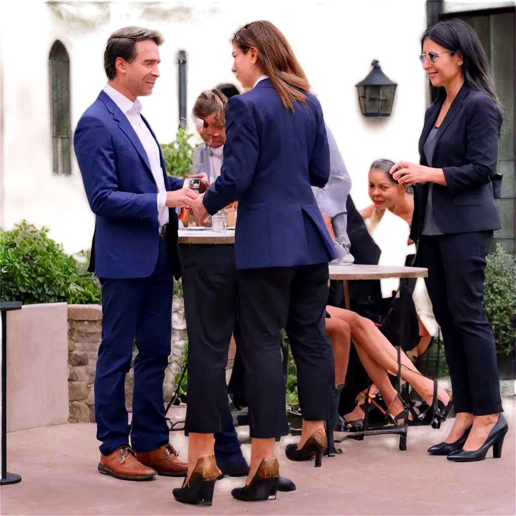 A group of professionals networking on the patio