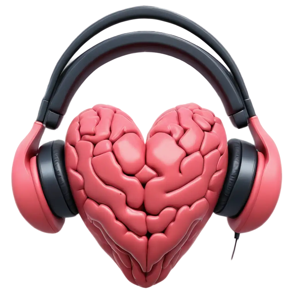 realistic heart and brain with headphones on and an eye in the middle