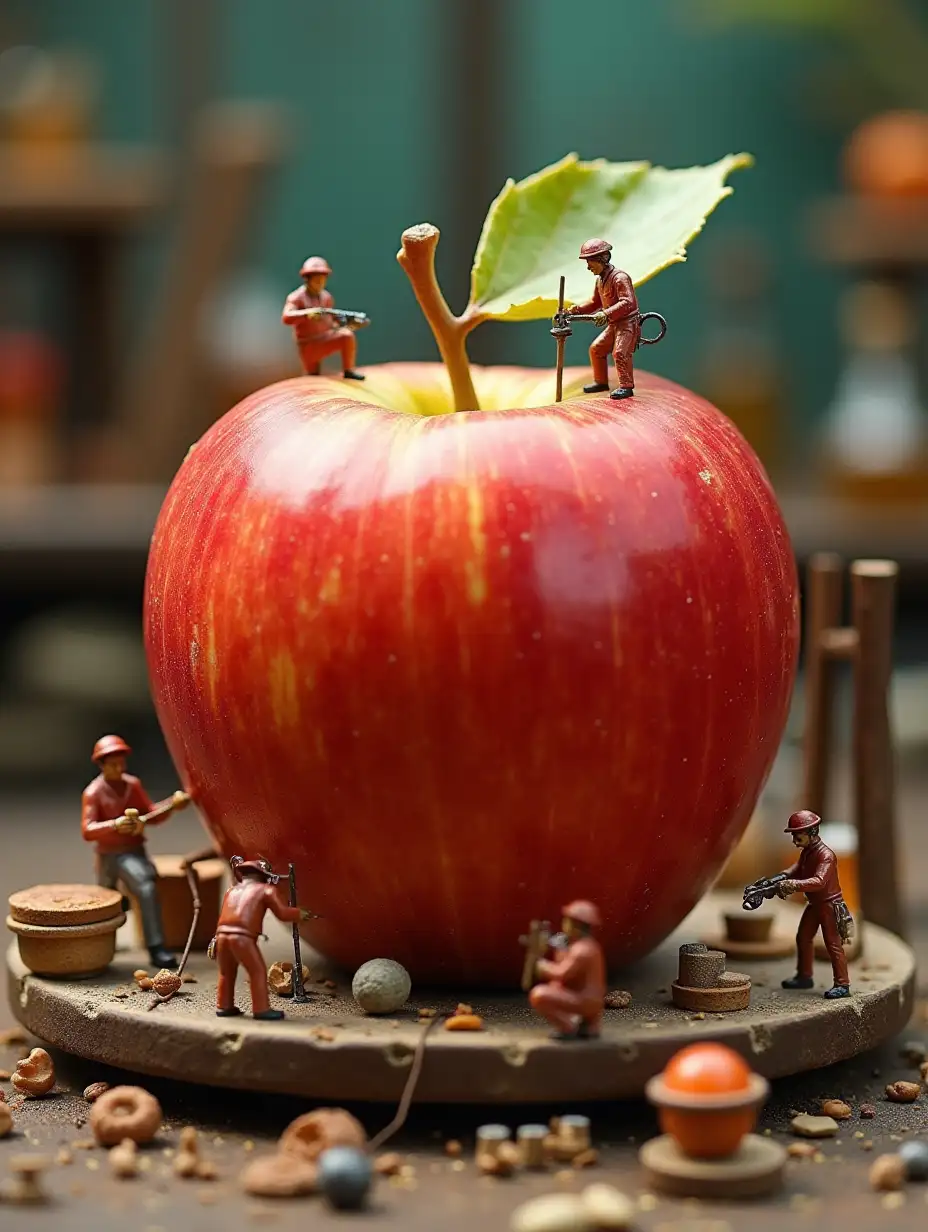 A giant apple with several miniature workers on it, busy extracting fragrance from the apple. The workers are using small tools and devices to extract the essence from the apple. The scene should show detailed miniature workers and their equipment, with vibrant colors and a laboratory-like atmosphere, conveying a sense of effort and precision.