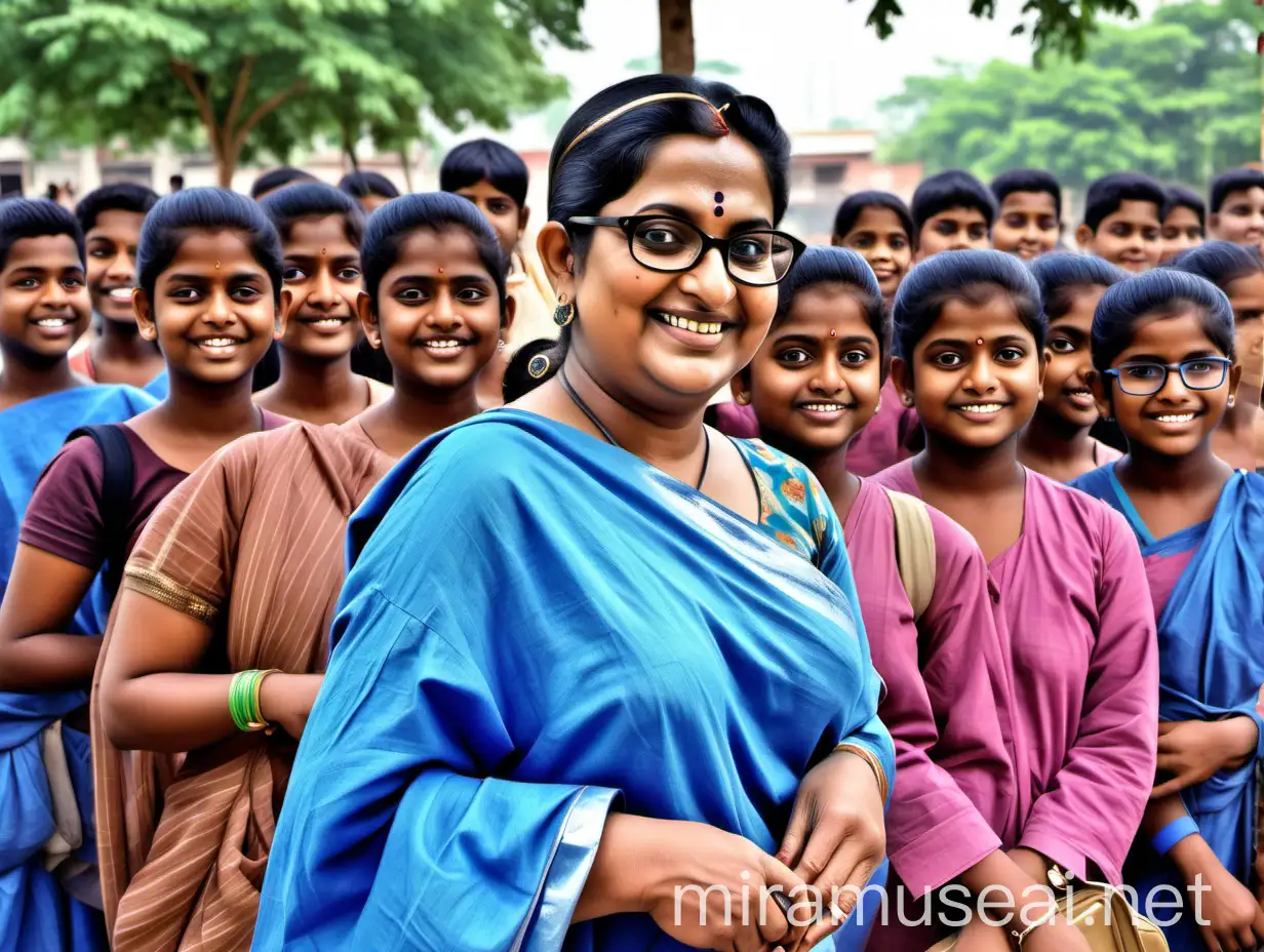 Happy Indian Mature Woman with School Students in Background