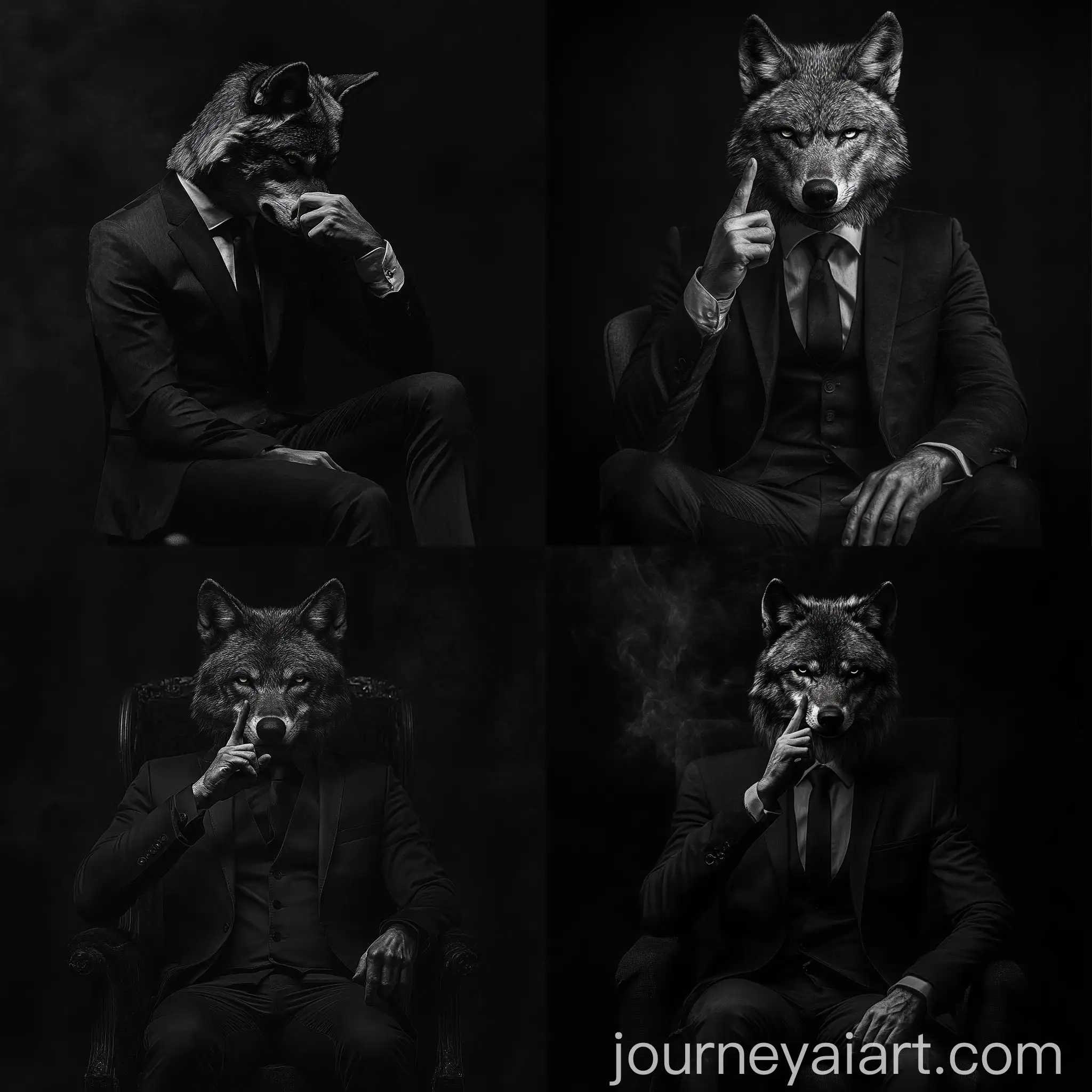 WolfFaced-Man-in-Black-Suit-Gesturing-Silence-on-Dark-Background