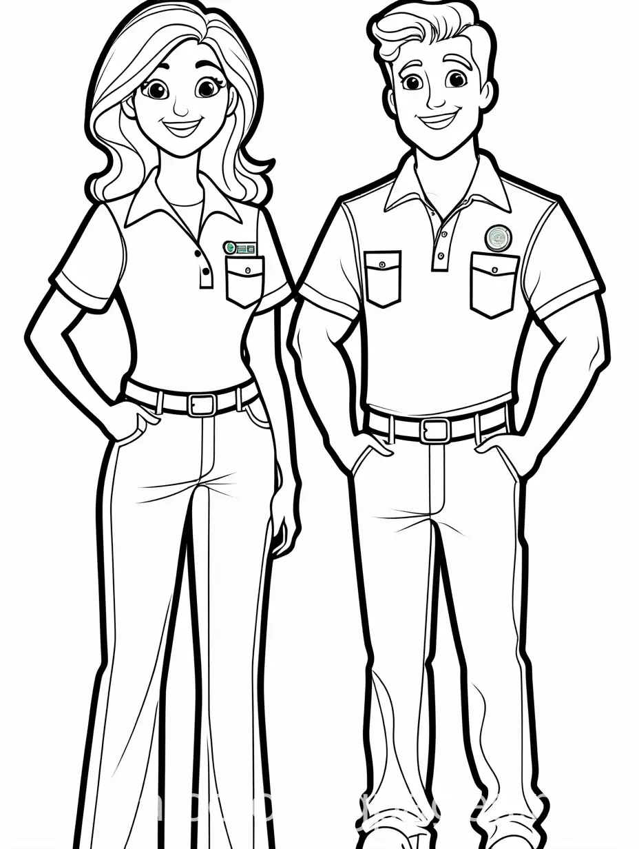 male and female 911 dispatcher, facing forward, smiling, polo shirt and jeans, Coloring Page, black and white, line art, white background, Simplicity, Ample White Space. The background of the coloring page is plain white to make it easy for young children to color within the lines. The outlines of all the subjects are easy to distinguish, making it simple for kids to color without too much difficulty, Coloring Page, black and white, line art, white background, Simplicity, Ample White Space. The background of the coloring page is plain white to make it easy for young children to color within the lines. The outlines of all the subjects are easy to distinguish, making it simple for kids to color without too much difficulty