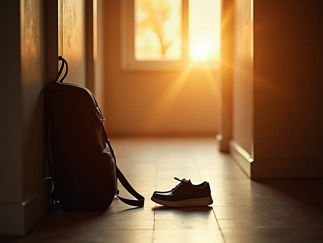 School-Bag-and-Black-Shoes-with-Calming-Golden-Glow-by-the-Door
