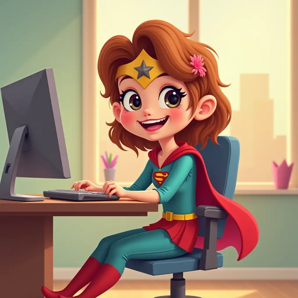 Beautiful Young lady cartoon dress like superhero with big smile sit down on the share chair And play computer