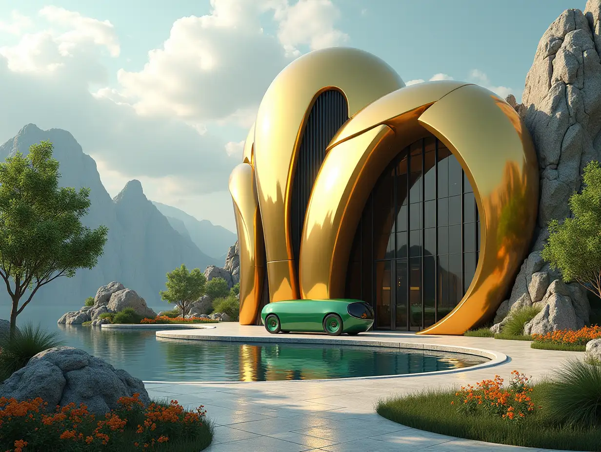 Create a high-resolution realistic image in 4k resolution of a futuristic gold building with black, curved columns, mountains, big trees, rocks, flowers, and a futuristic green vehicle with a glass window under a cloudy sky