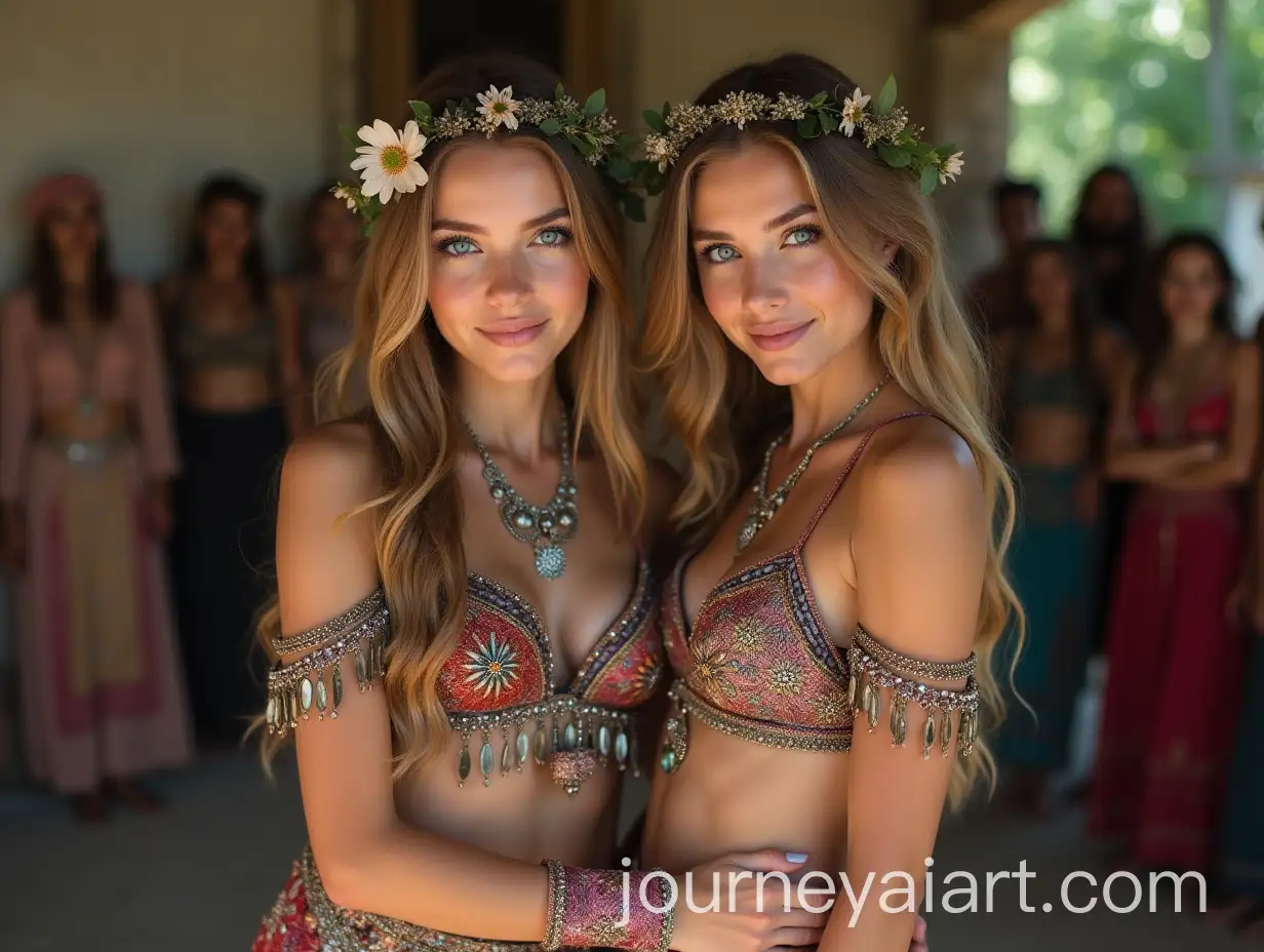 Two-Beautiful-BlueEyed-Young-Women-in-Ornate-Belly-Dancing-Outfits-at-a-Gypsy-Camp