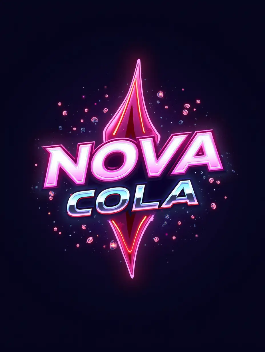 Logo of a soda brand named 'NOVA COLA' in a futuristic style with neon and metallic hues