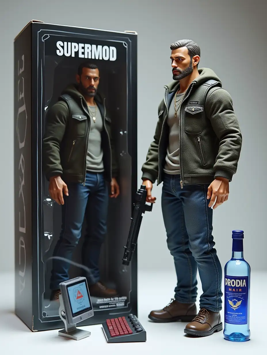 Create a posable action figure set based on the character in the photo, keeping their distinct features. The set includes one figure modeled after the photo’s character, along with [COMPUTER WITH MONITOR, BOTTLE OF VODKA]. The packaging box is titled [SUPERMOD] in bold text