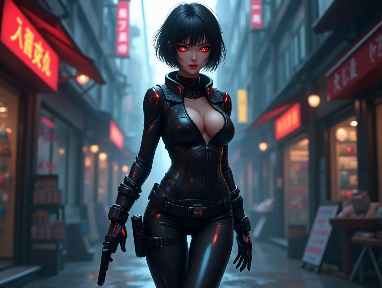 Short hair, mature Asian woman thief cyber runner in a dynamic full-length pose, eyes with red electronic pupils, large breast, extreme skintight body glove zipped down with cleavage, combat boots and combat belt. Full view of her body from boots up, low wide angle. Future store filled city alley street. Anime