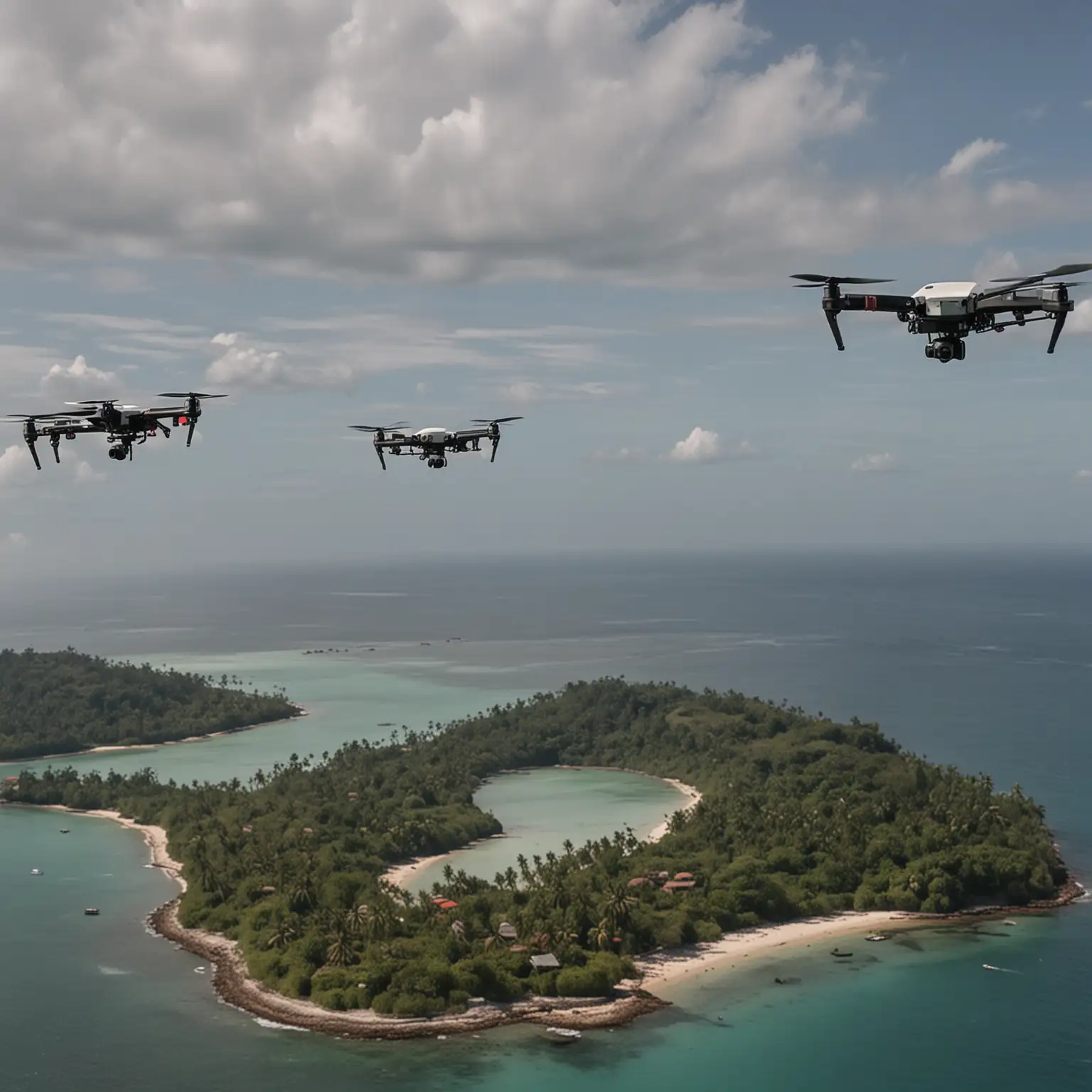 Several drones carrying loads fly over the islands of Indonesia.