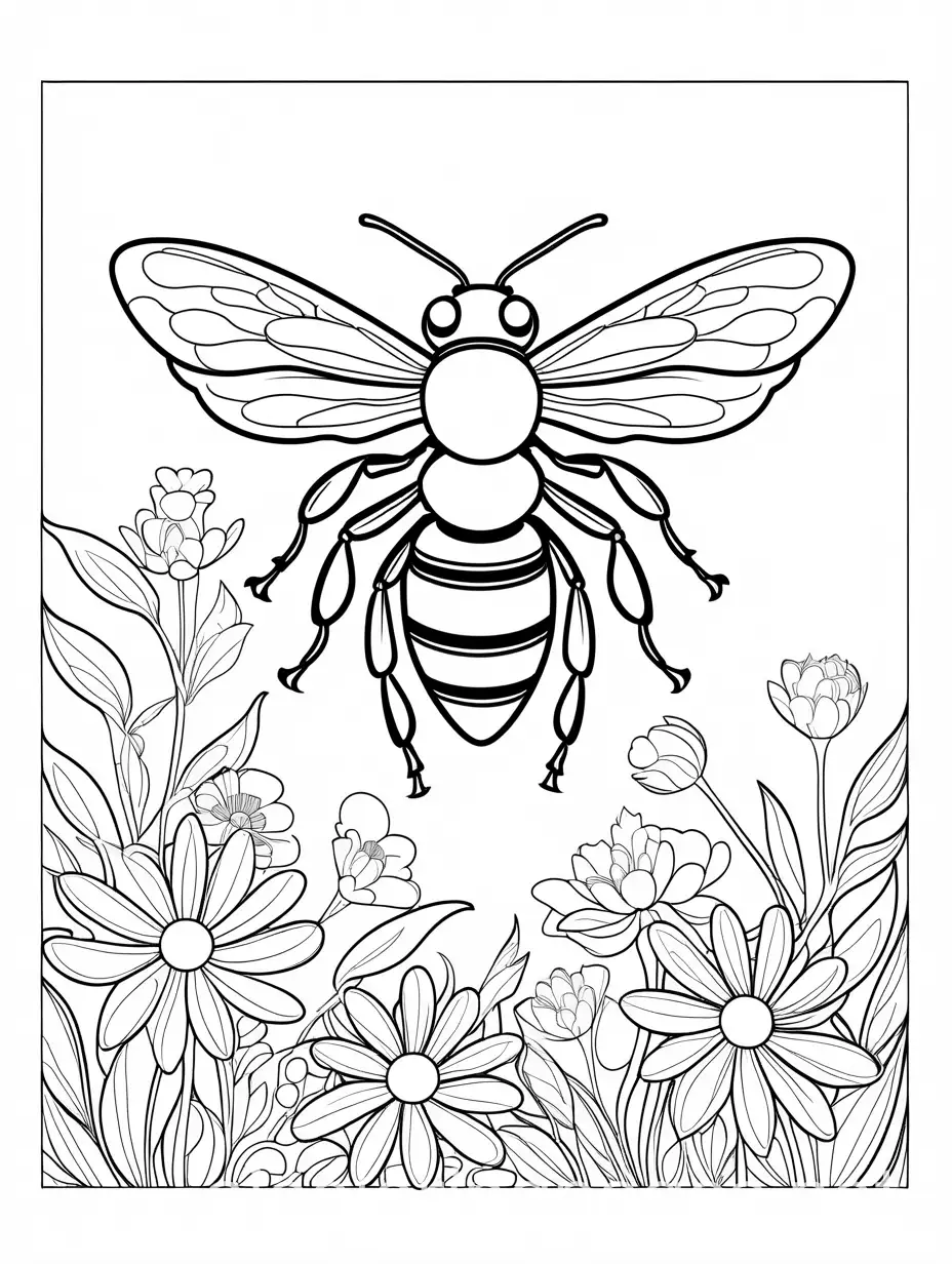 Bumblebee, Coloring Page, black and white, line art, white background, Simplicity, Ample White Space. The background of the coloring page is plain white to make it easy for young children to color within the lines. The outlines of all the subjects are easy to distinguish, making it simple for kids to color without too much difficulty