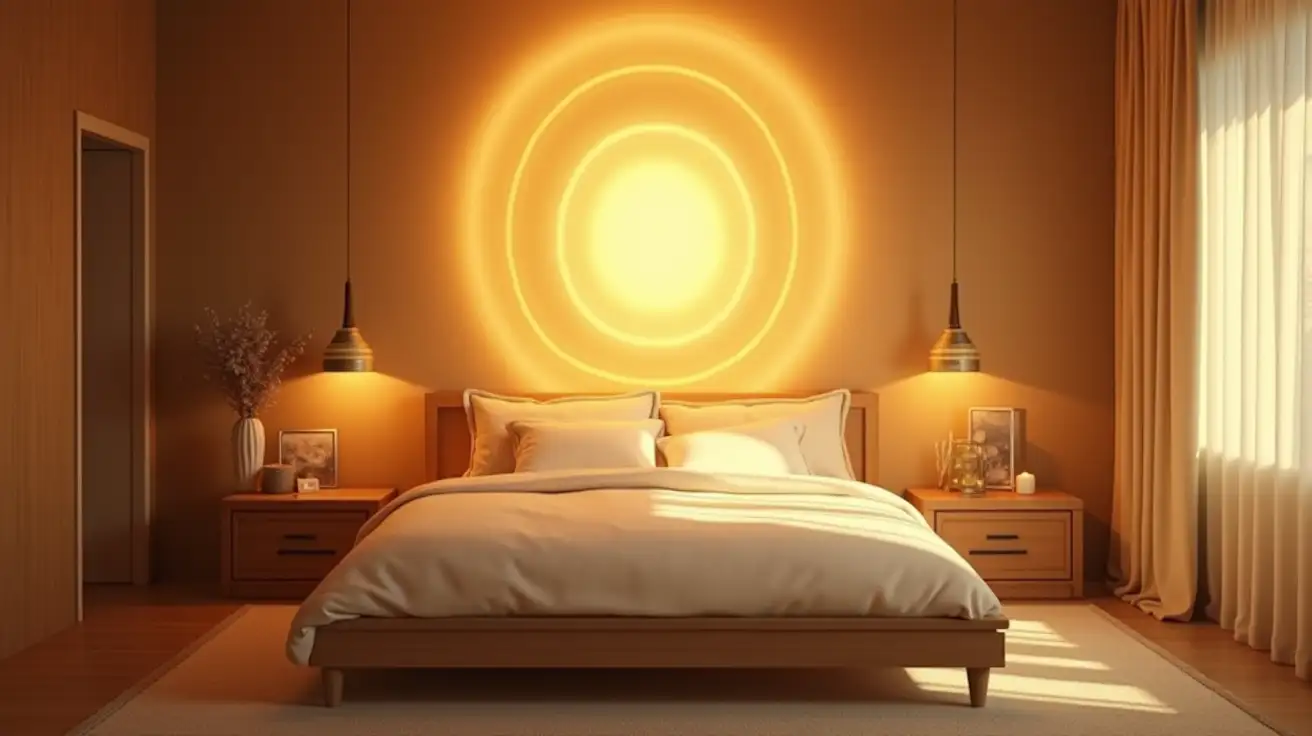 A peaceful bedroom with soft golden light forming a subtle energy field around the bed. Visuals should convey calm, restoration, and sacred order in the space.