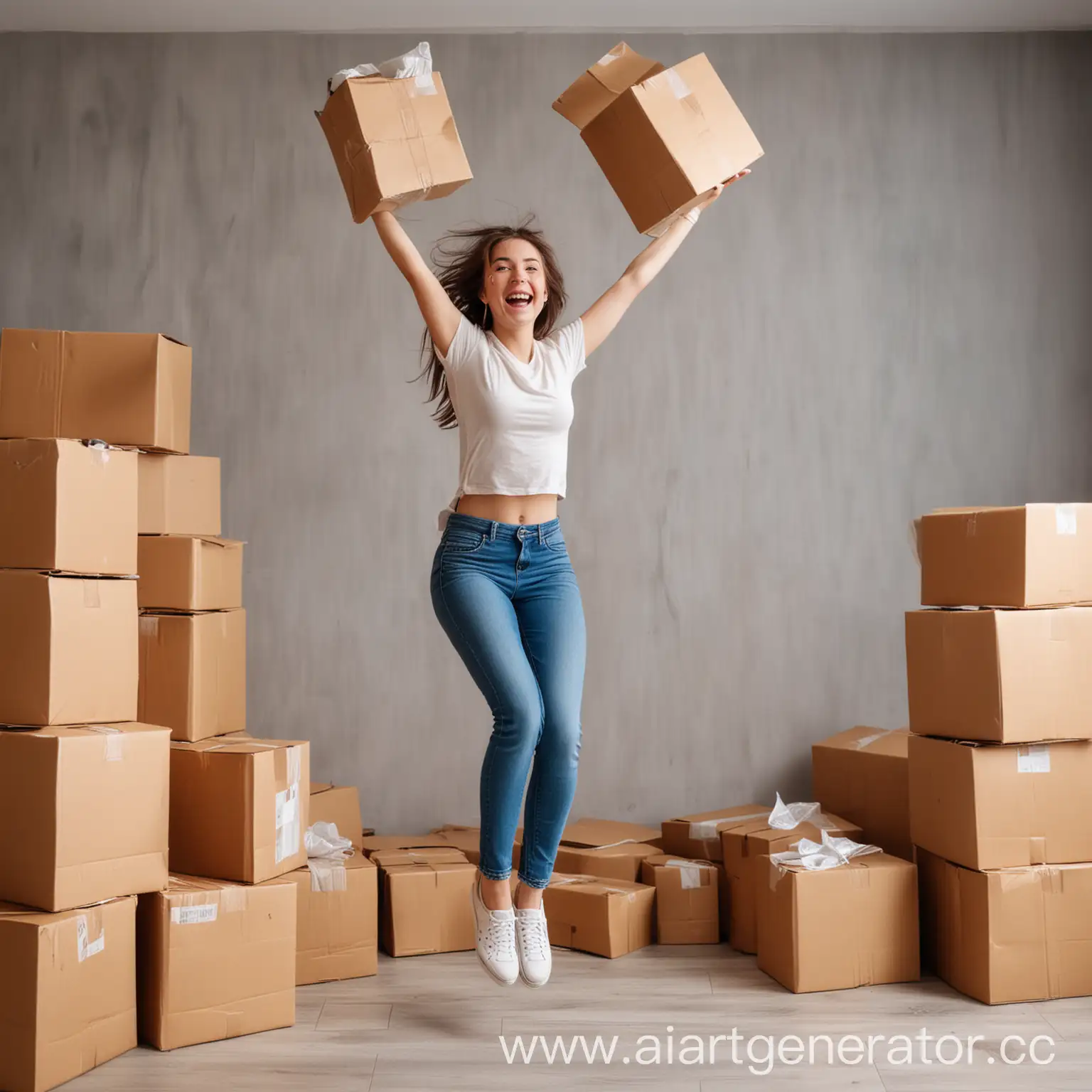 Excited-Girl-with-Stack-of-Packages-Jumping-for-Joy