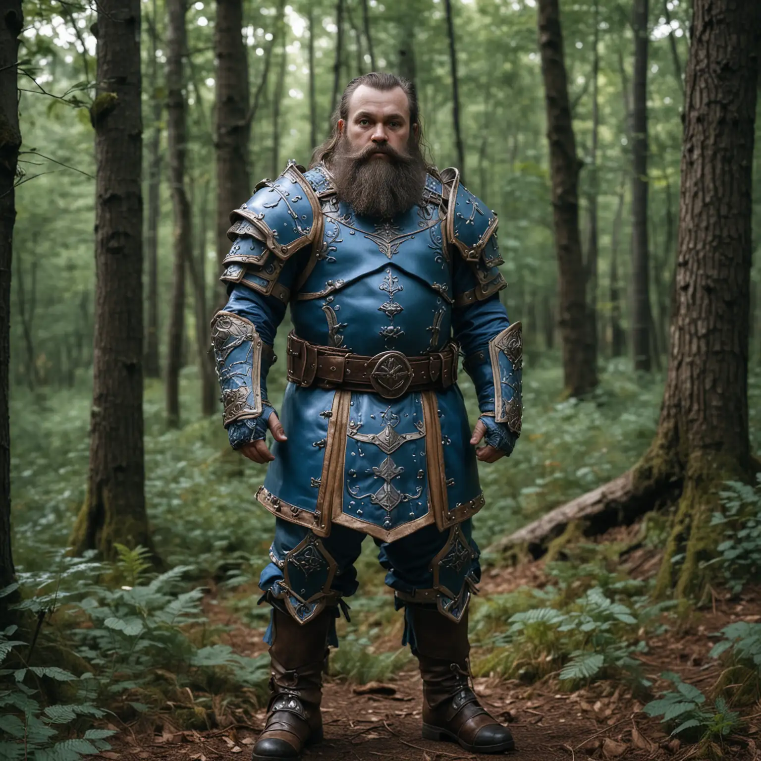 Dwarf Cleric in Blue Leather Armour Standing in the Woods