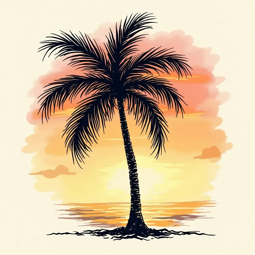 hand drawn scribble outline of a  palm with a sunset background