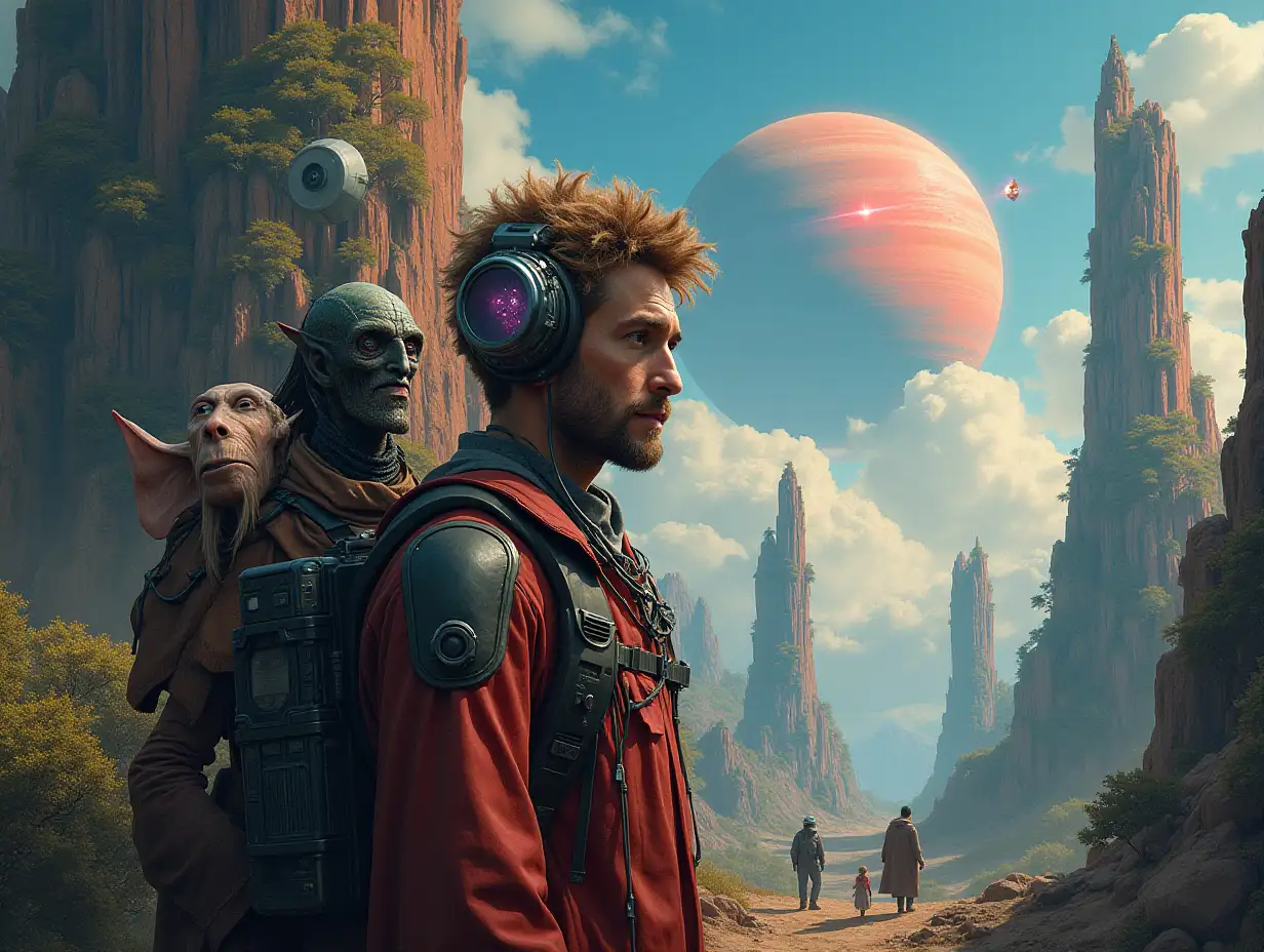 Ultradetailed hyperrealistic portrait of a Multiversum time traveler with various strange beings with futuristic glass towers in front of a elaborately detailed, colorful, forested alien planet