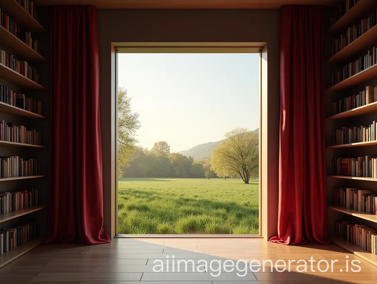 Linear-Theatre-Scene-with-Open-Window-to-Spring-Rural-Landscape-and-Contemporary-Library