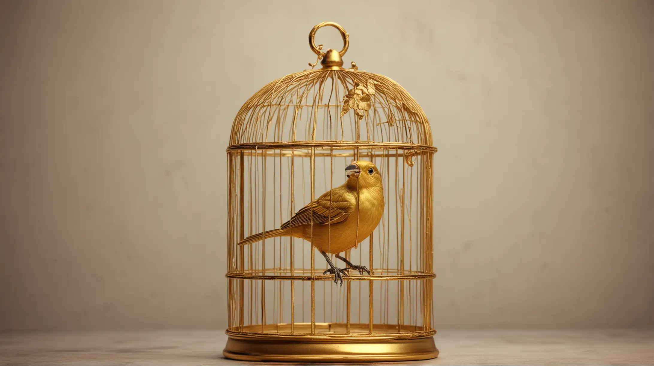 Golden Bird Perched in Ornate Cage