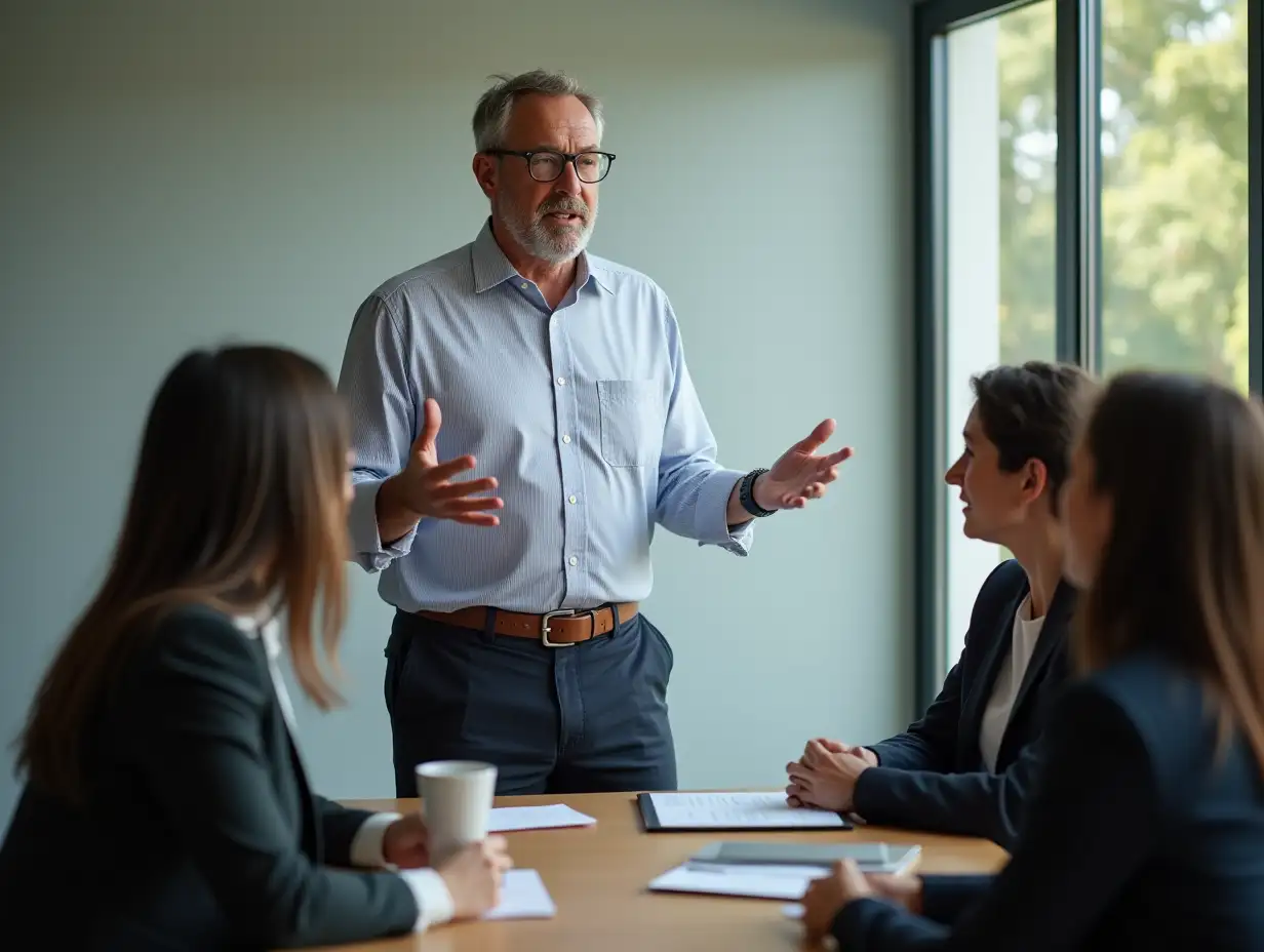 Tom, a veteran economist in his early 50s, found himself in such a situation. As the team leader of an Economics Forecasting team, Tom was respected for his expertise but struggled with team conflicts, a lack of clear purpose, and the perception of being a hands-off manager. Tom stands in front of a table talking to his small team