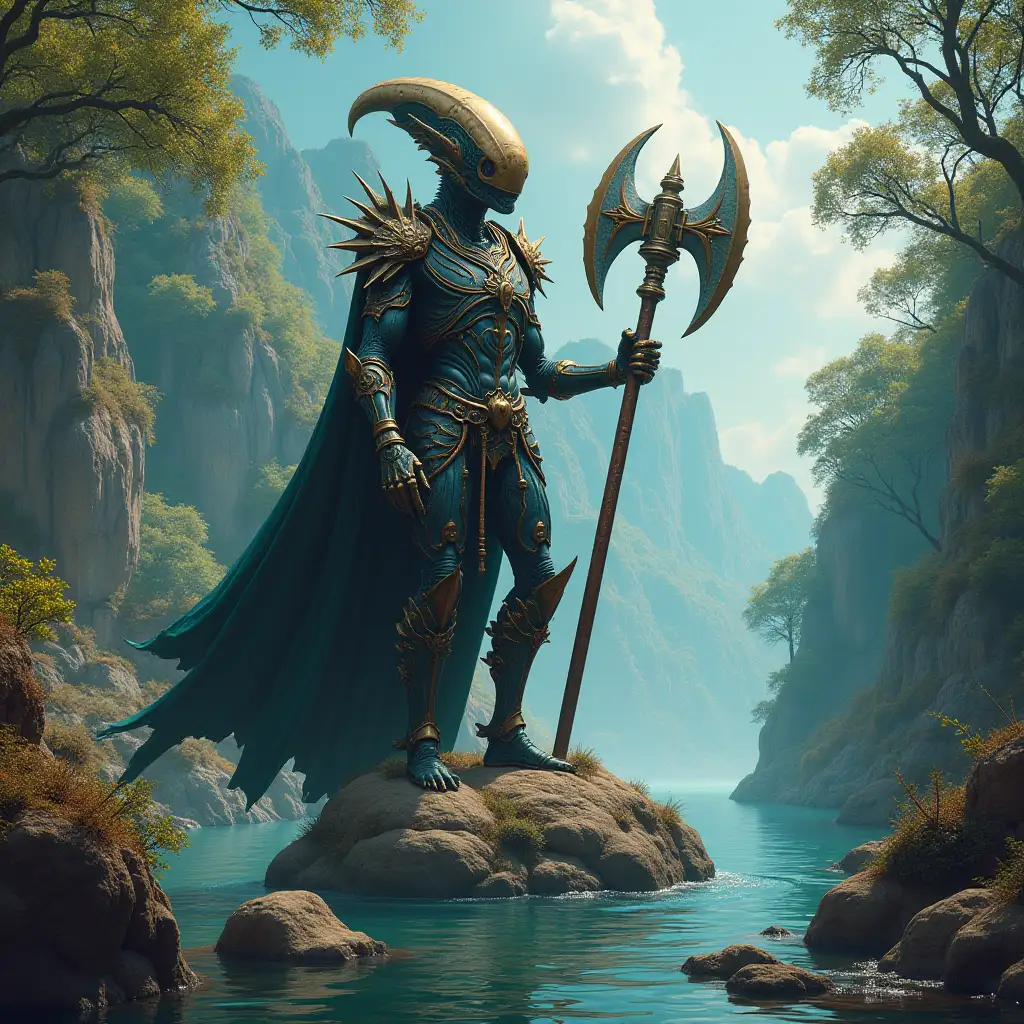 Hyperrealistic portrait of a 15 meter tall gpanzerter metal alien king with an ax in the sea on a rock with plants amongst intricately detailed, colorful forested planetary background