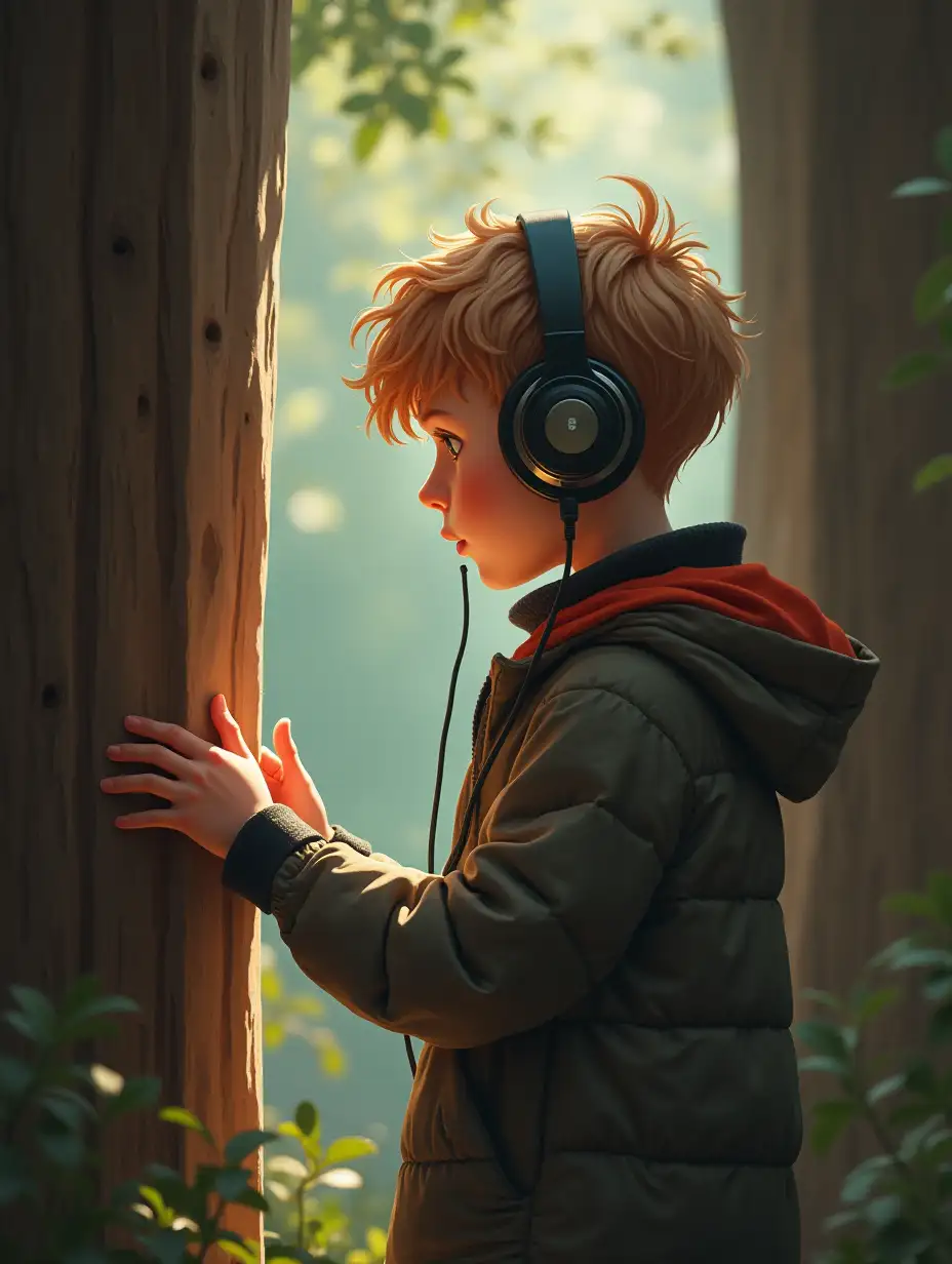 create a  boy in trean and looking window and handling headphone in neck