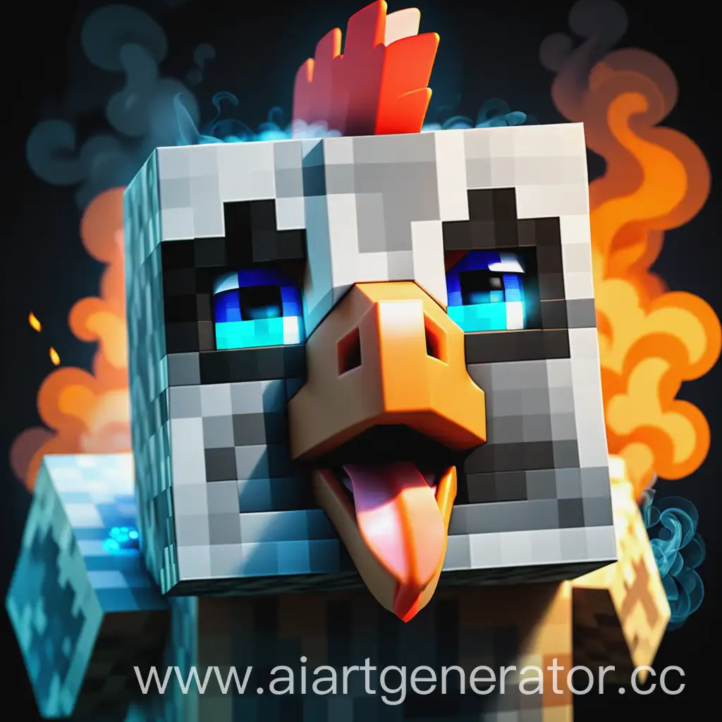 Minecraft chicken face full screen with glowing blue eyes with smoke in minecraft style