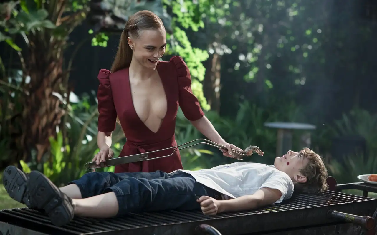  Evil mature smiling Cara Delevingne with deep neckline grills a Boy on a large grill,  cinematic, photo , 4k