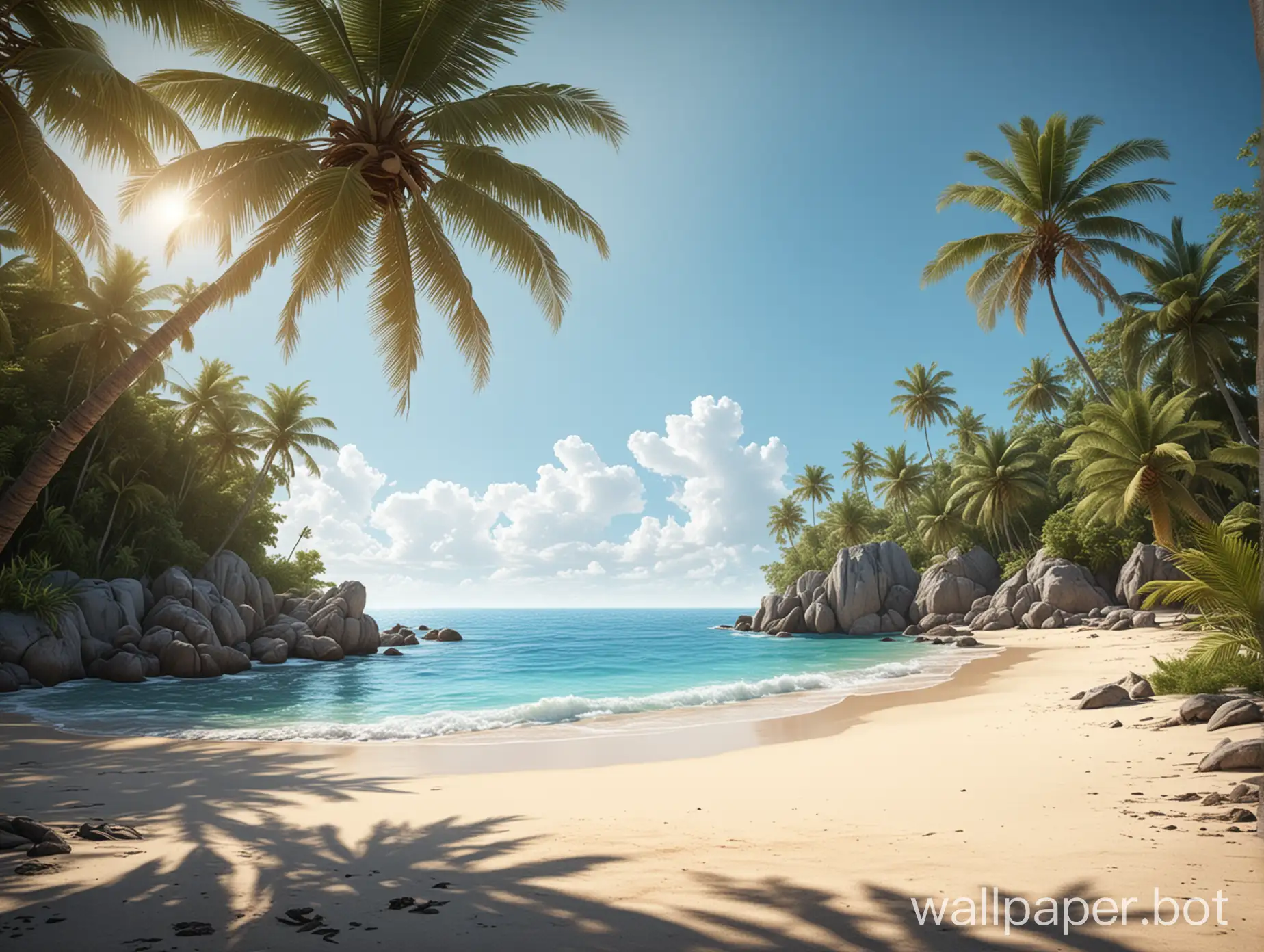 a realistic scenic blue tropical beach with a palm tree on the left. its a beautiful sunny day